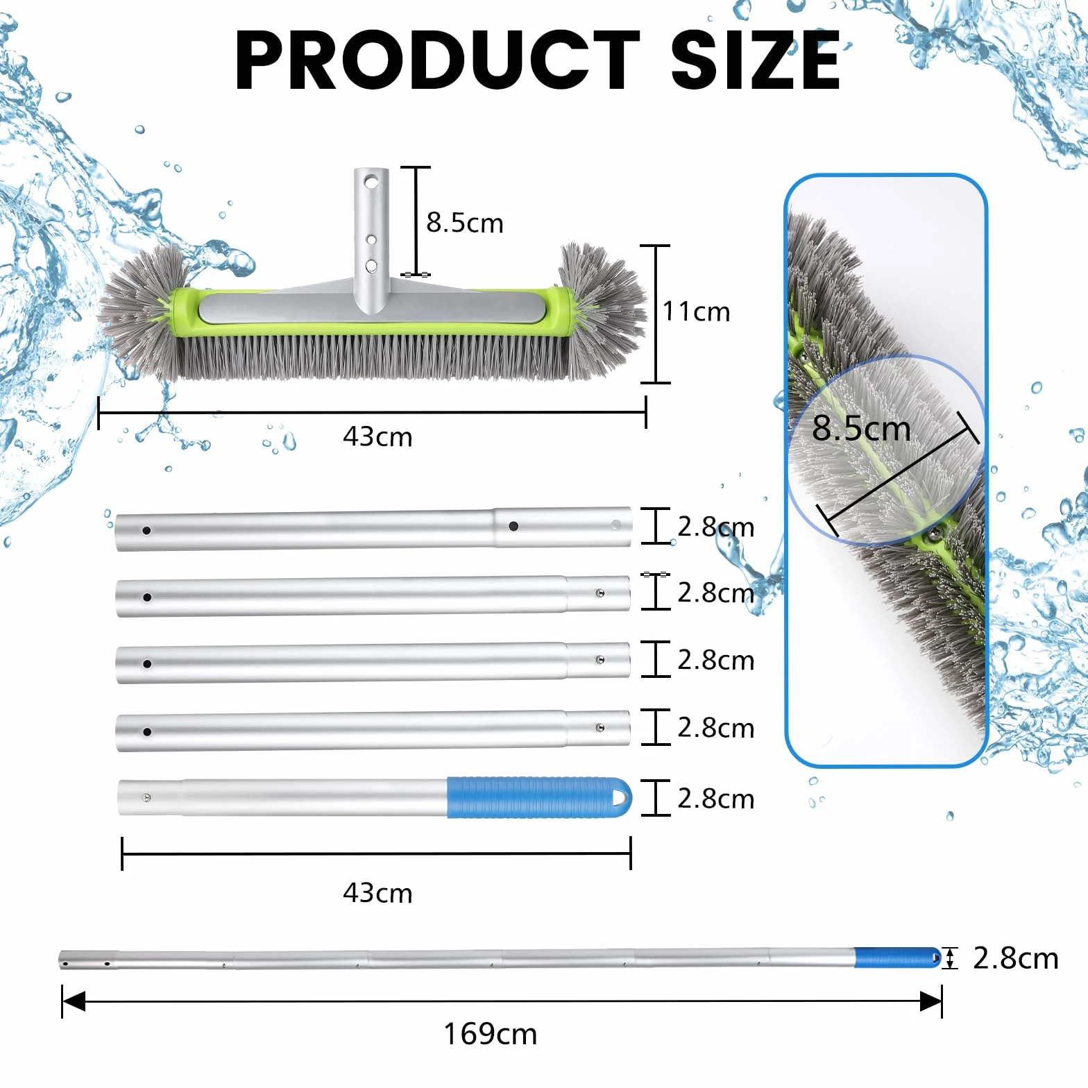 LALAGO Brosse Piscine Ronde, Tête de Brosse de Piscine avec Perche Amovible, avec Les Poils Hémisphériques, Brosses à Récurer pour Mur et Carrelage, Brosses pour Salles (avec Perche)