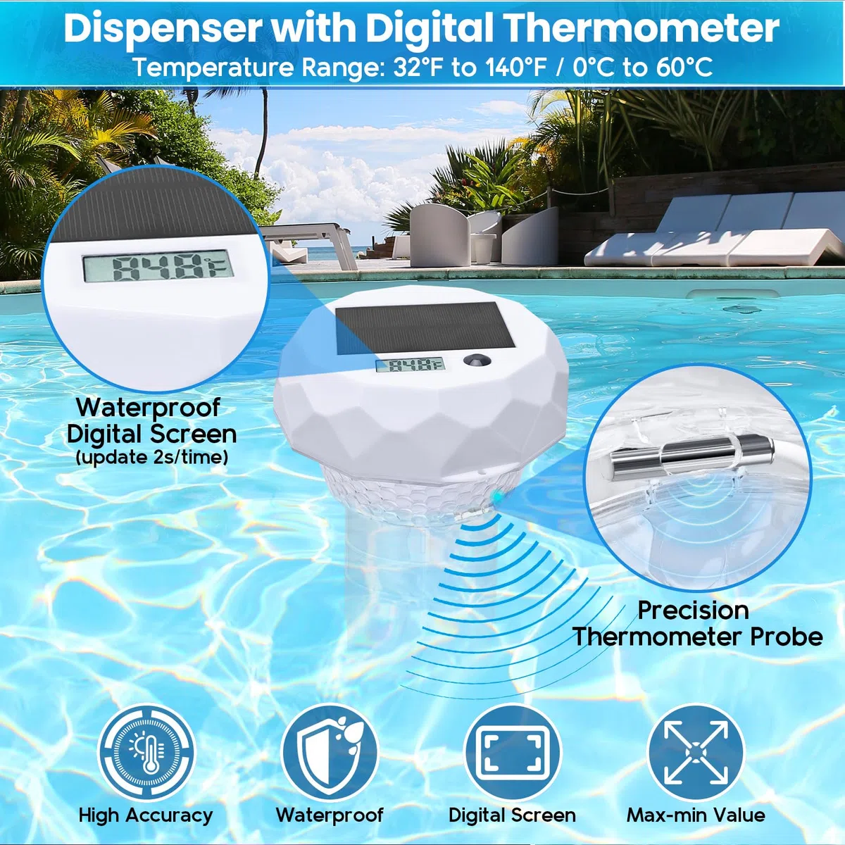 Qoolife Dosieur de Chlore Flottant avec thermomètre et lumière Solaire, pour étang, Bassin, Spa et Bain à remous, Compatible avec 1" et 3", avec télécommande et réglage