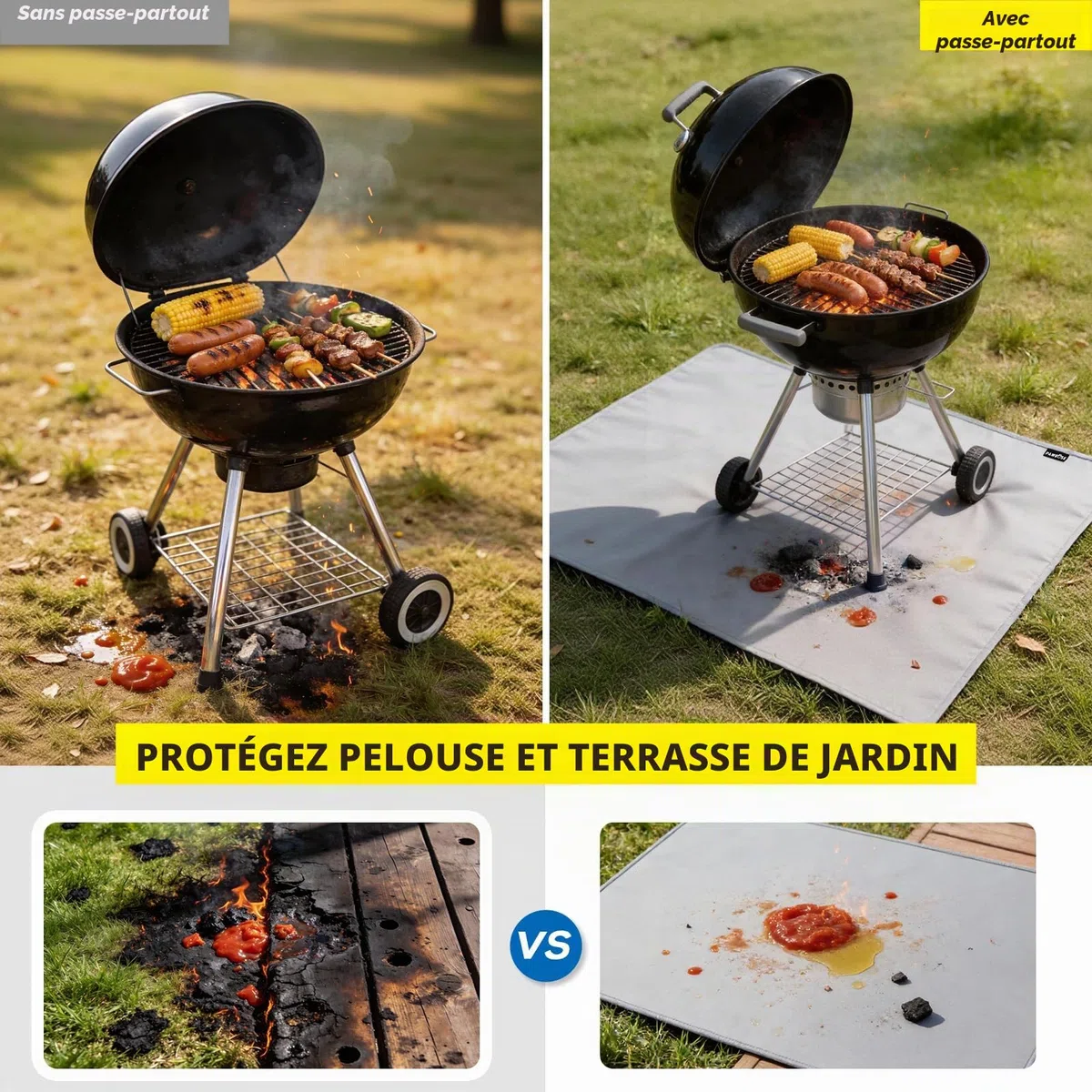 PAWBOSE Tapis de 65x48 Pouces sous le Grill pour Barbecue Extérieur, Tapis BBQ Double Face Ignifuge pour Patio et Terrasse, Tapis pour Foyer Extérieur Résistant au Feu et à l'Huile & Protège-Foyer