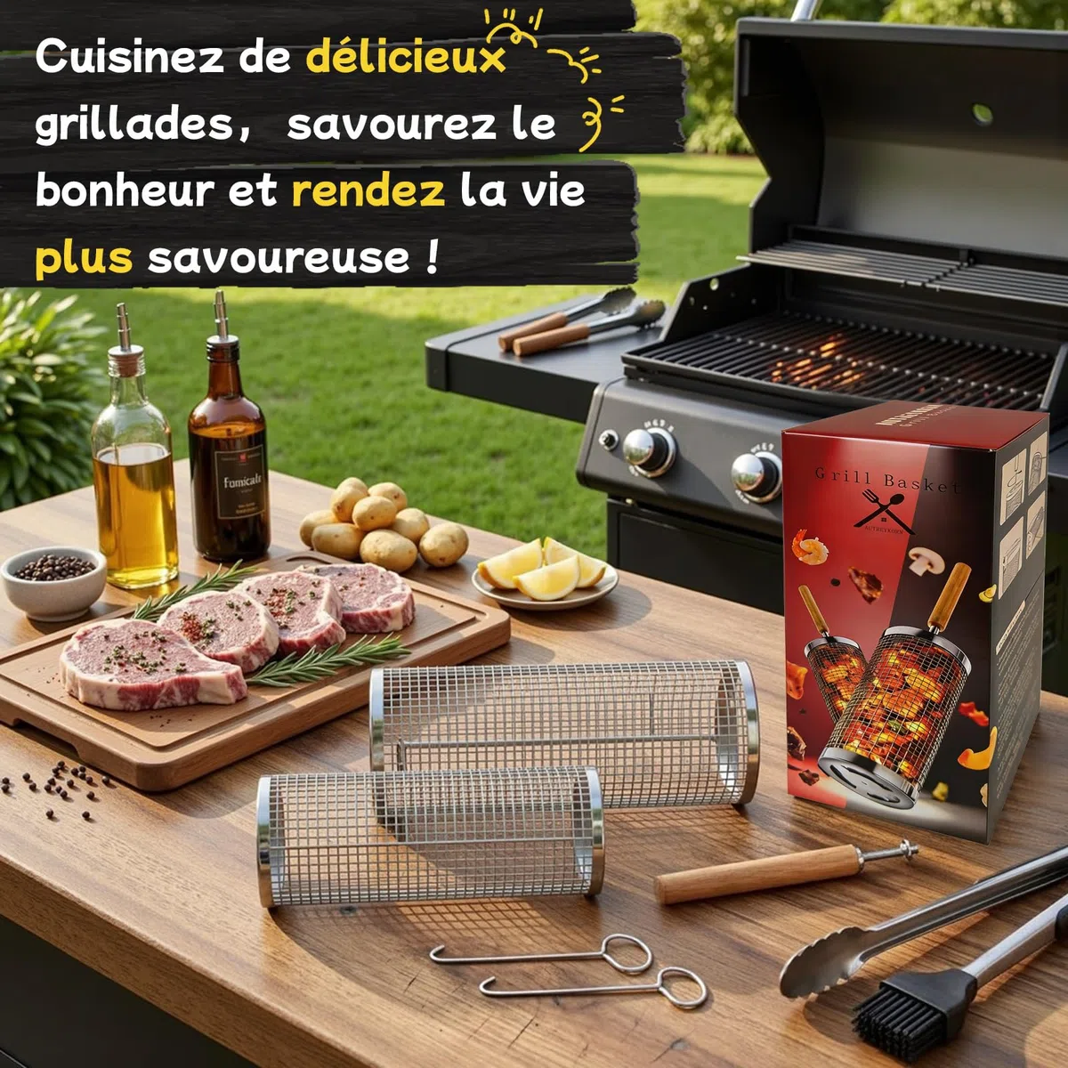 Paniers À Barbecue Set De 2,Accessoires Barbecue Pour Légumes,Crevettes, Champignons,Manche En Bois Amovible,Acier Inoxydable 304,Grillades En Extérieur,Cadeau Pour Hommes Et Papas (Argent brillant)