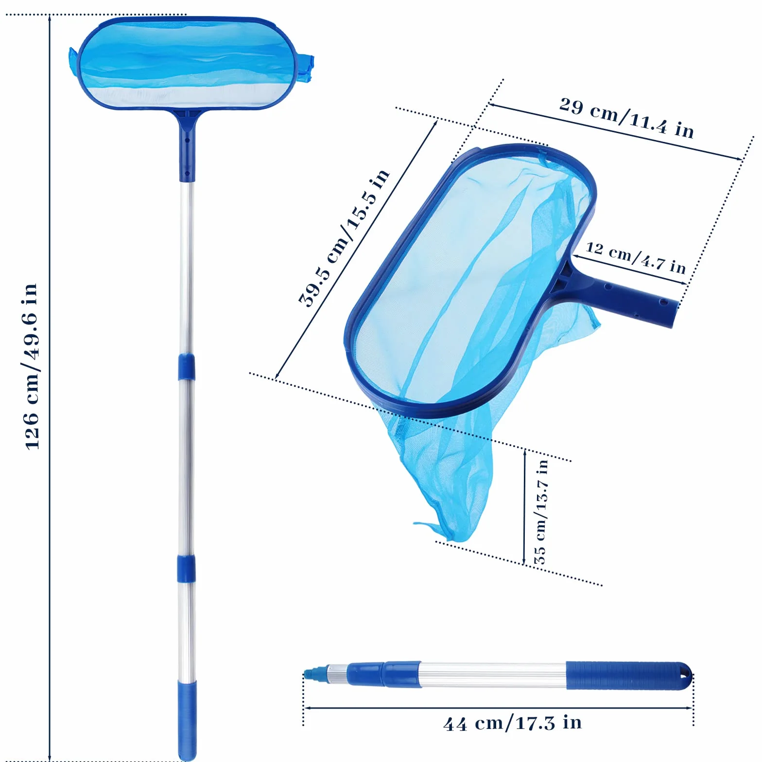 Filet de Nettoyage Piscine, Manche Piscine, Epuisette Piscine, Épuisette de Fond pour Piscine, avec Manche Télescopique, Épuisette Spa, pour Nettoyer Déchets en Fond et Surface Eau