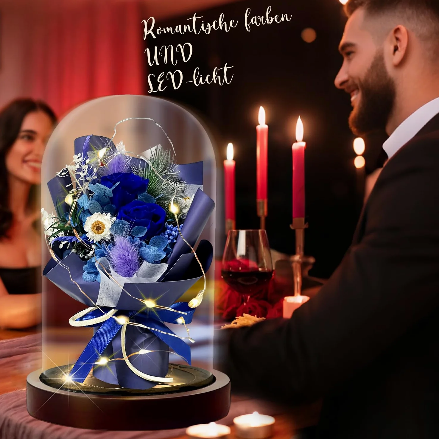 Cadeau pour femme - Rose éternelle dans un verre avec LED - Bouquet de roses bleues - Décoration de la maison - Véritables fleurs durables pour maman, petite amie, épouse, grand-mère (bleu)