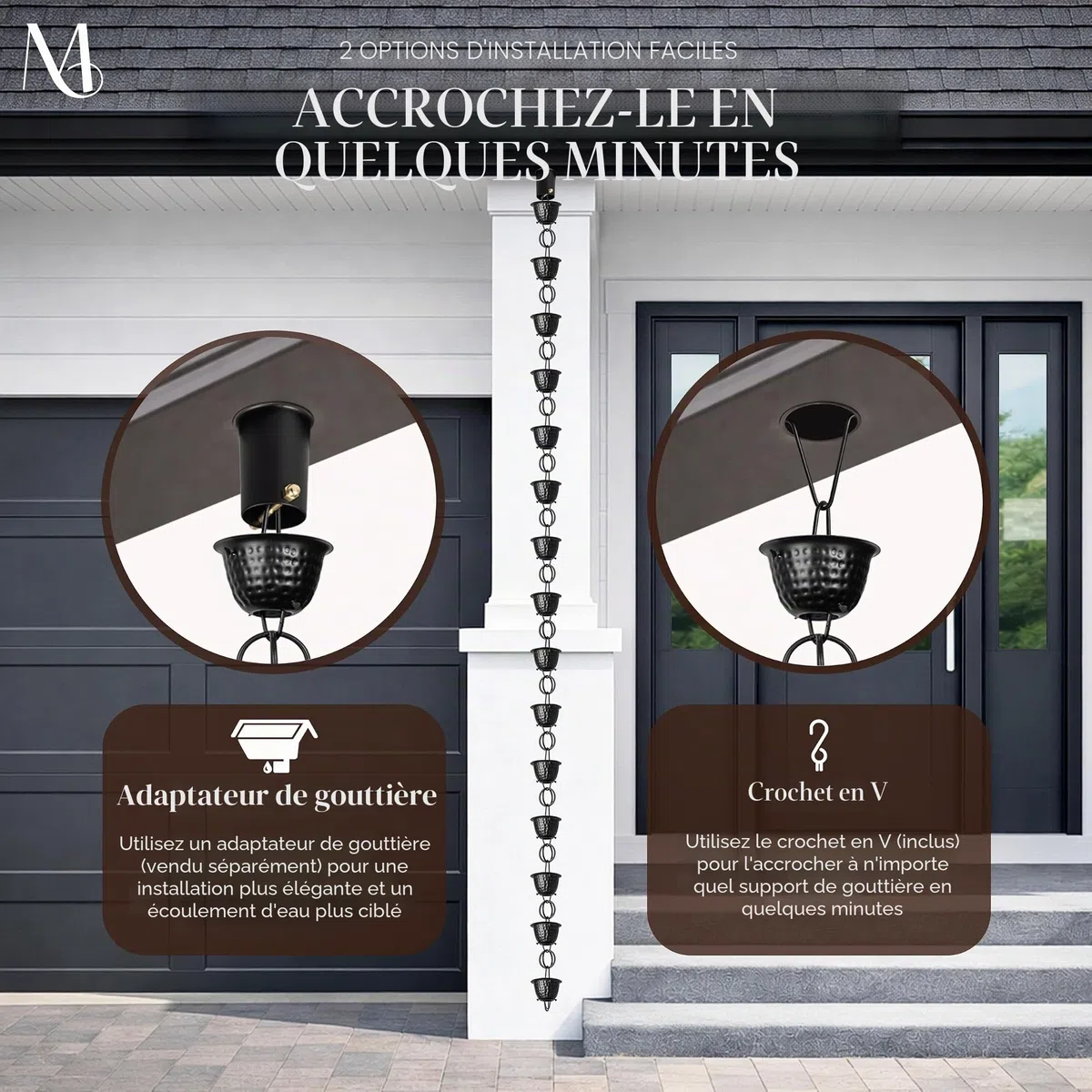 Monarch Rain Chains Chaîne de Pluie décorative en Aluminium martelé avec revêtement en Poudre Noire de 2,6 m pour gouttières, Tuyau de Descente de Rechange en Aluminium Noir