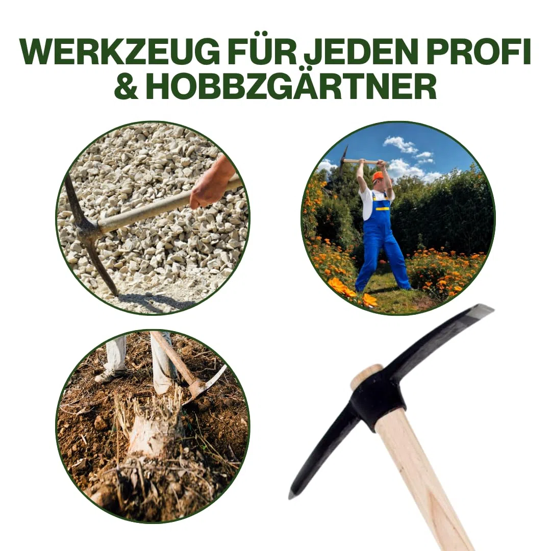 Pioche de 1,5 kg - Pioche avec manche en bois - Pioche robuste pour le jardin et les travaux de construction - Poids : 1500 g - Production européenne
