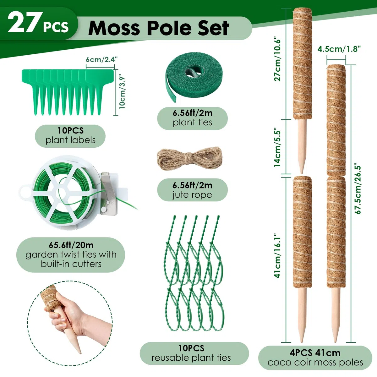 Mactoou Tuteur Monstera, 4 Pièces 41cm Tuteur Coco, Extension Sphaigne Jusqu'à 120cm, Tuteur Plante Grimpante pour Monstera Maison Jardin de Support de Plante