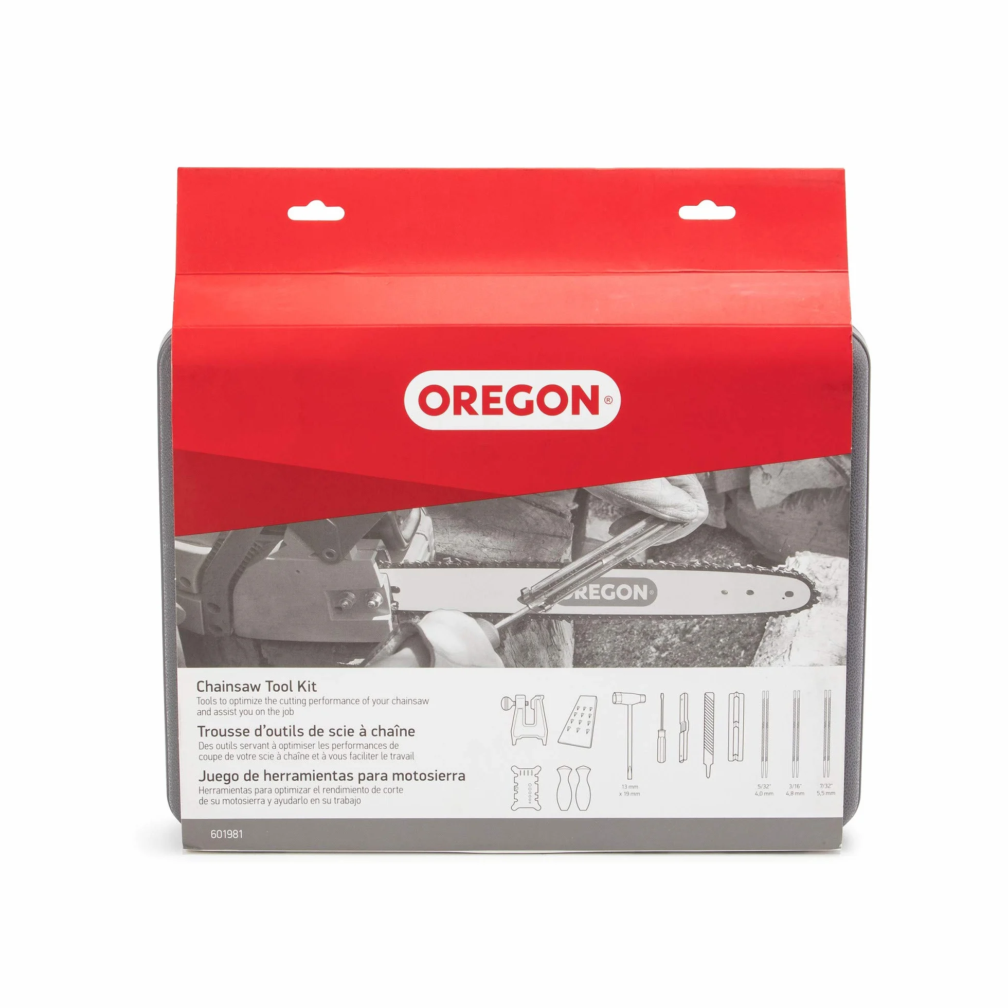 Oregon Kit d'entretien pour Chaîne de Tronconneuse, Kit d'Affûtage Chaine Tronçonneuse avec Boîte de Rangement, Contient Limes, Poignées, Profondimètre, Étau, Gauge, Cales et Accessoires (601981)
