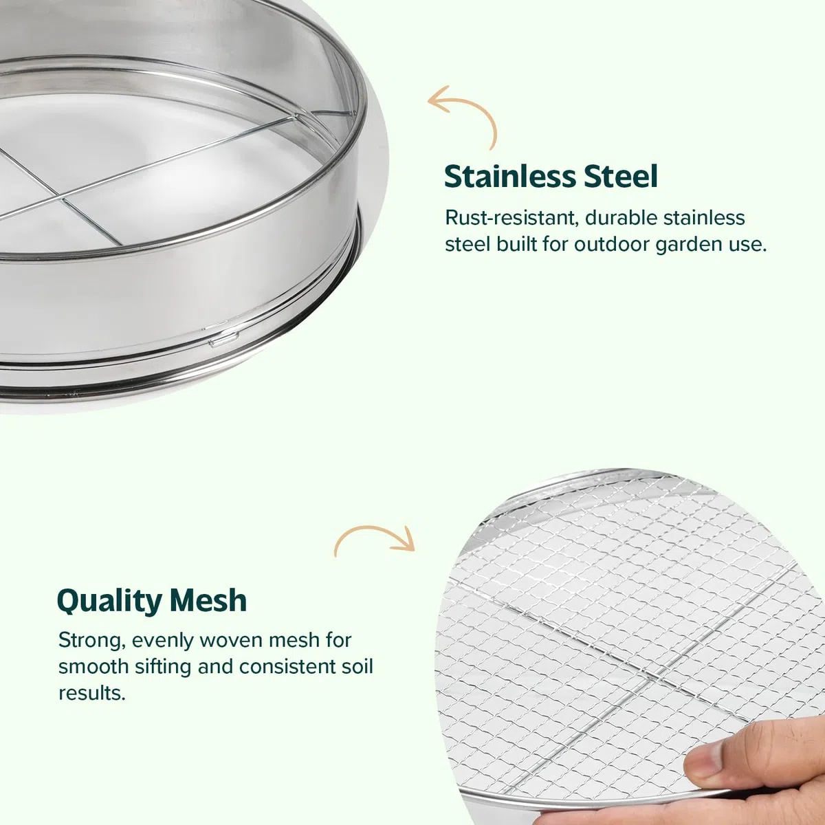 Flatro Tamis de jardin pour terre et pierre | Cadre en acier inoxydable avec 5 inserts interchangeables en maille fine (3 mm, 5 mm, 8 mm, 10 mm, 12 mm) | Tamis de compost de jardin en métal