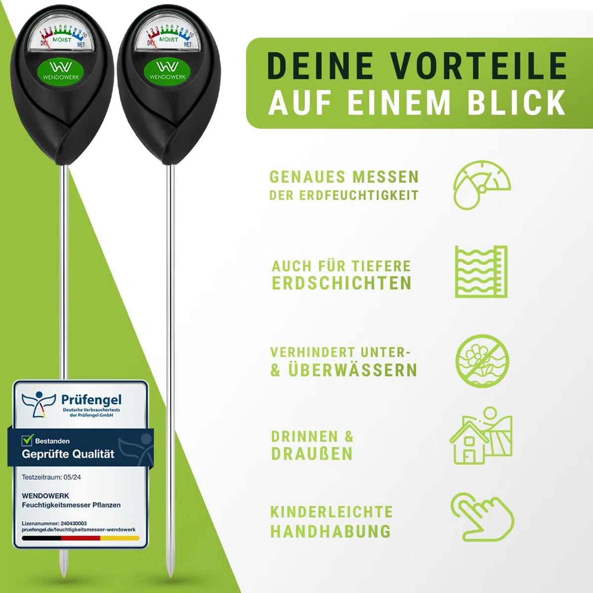 WENDOWERK Lot de 2 humidimètres extra longs pour plantes 40 cm [Noir/Noir] – Sans piles – Testeur d'humidité amélioré [2025] – Testeur de sol de qualité supérieure