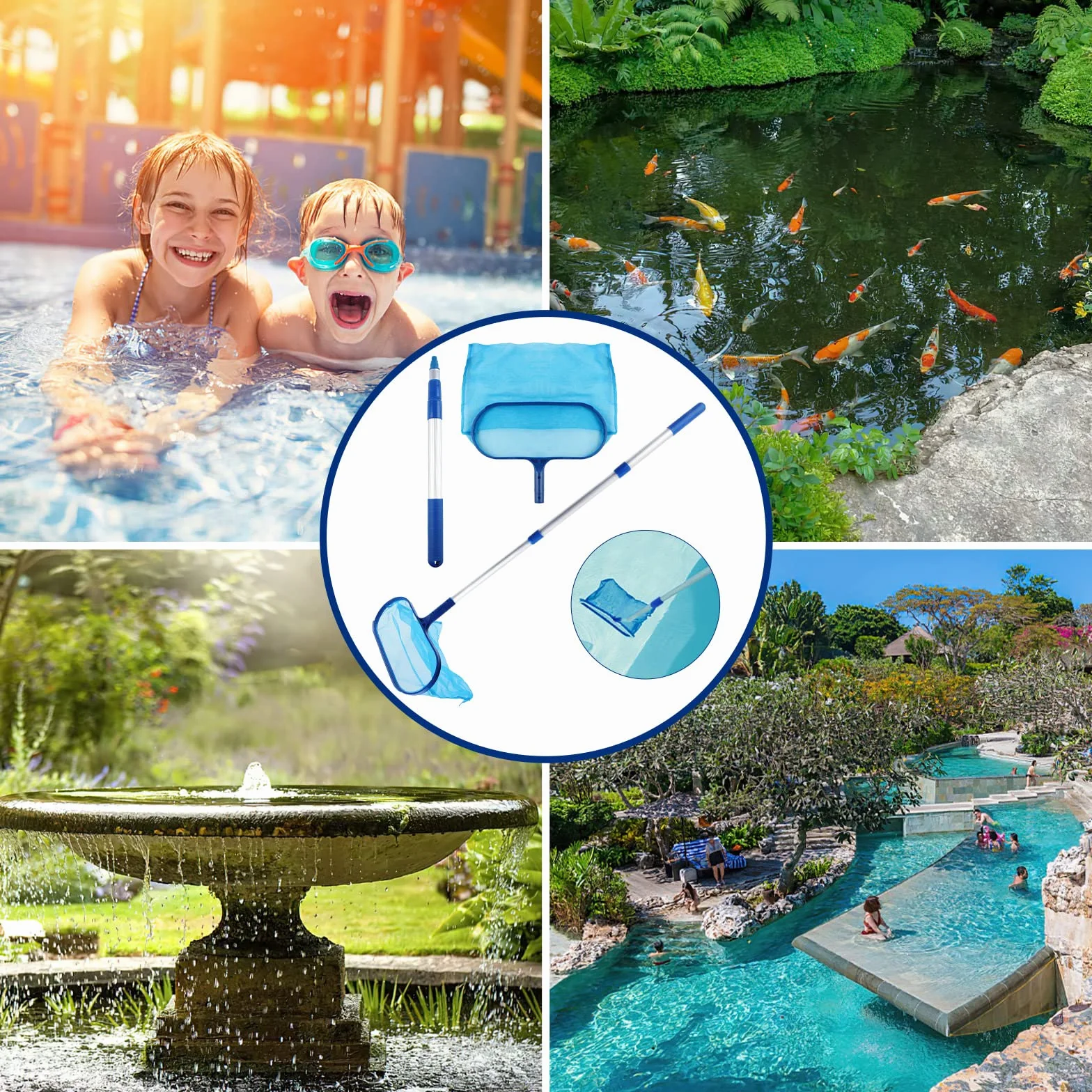 Filet de Nettoyage Piscine, Manche Piscine, Epuisette Piscine, Épuisette de Fond pour Piscine, avec Manche Télescopique, Épuisette Spa, pour Nettoyer Déchets en Fond et Surface Eau