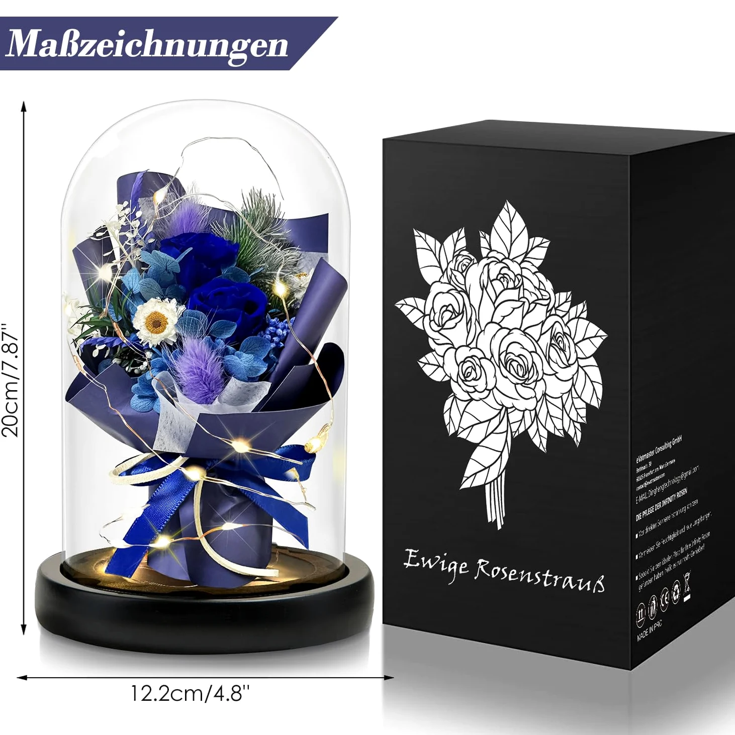 Cadeau pour femme - Rose éternelle dans un verre avec LED - Bouquet de roses bleues - Décoration de la maison - Véritables fleurs durables pour maman, petite amie, épouse, grand-mère (bleu)