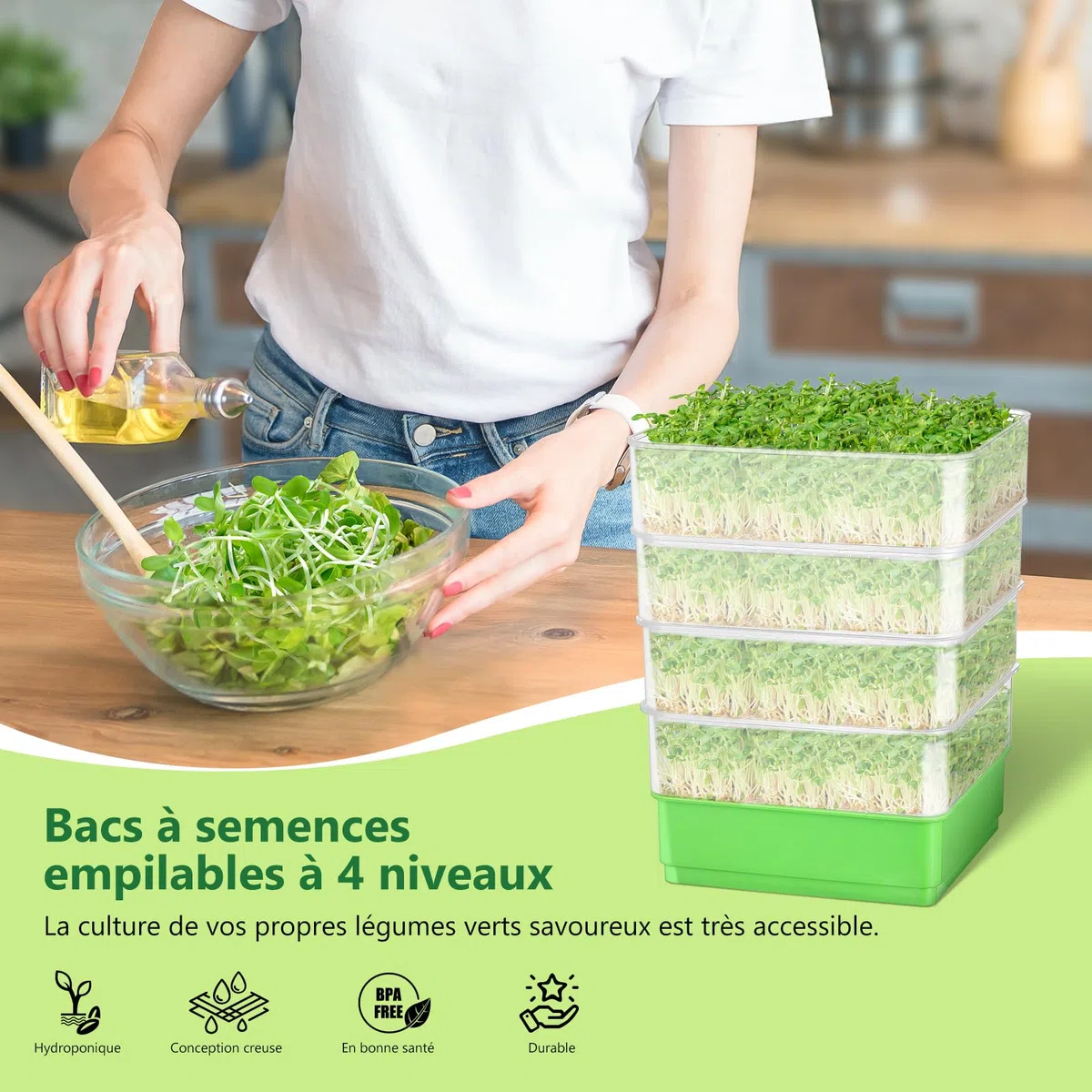 Kit de Germination de graines, kit de Culture de germes de Haricots à 4 étages, Plateaux de Culture de Micro-organismes Verts empilables pour Haricots, Luzerne et Herbe de blé