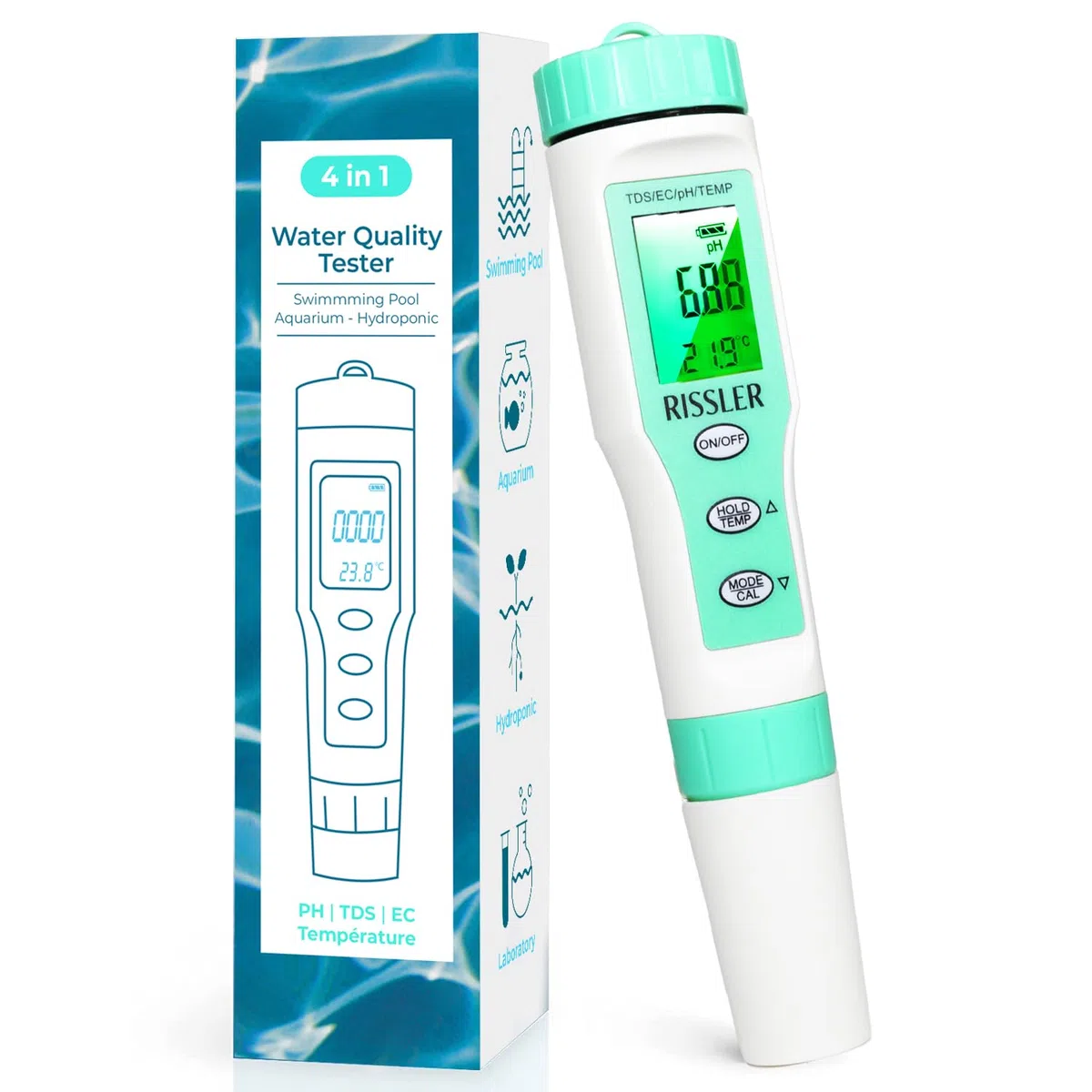 Rissler Testeur pH Piscine 4-en-1 - pH Mètre Électronique Haute Précision pour Mesure pH,TDS,EC,Température, Analyseur Eau Potable, Test Digital Idéal pour Piscine, Hydroponie et Aquarium