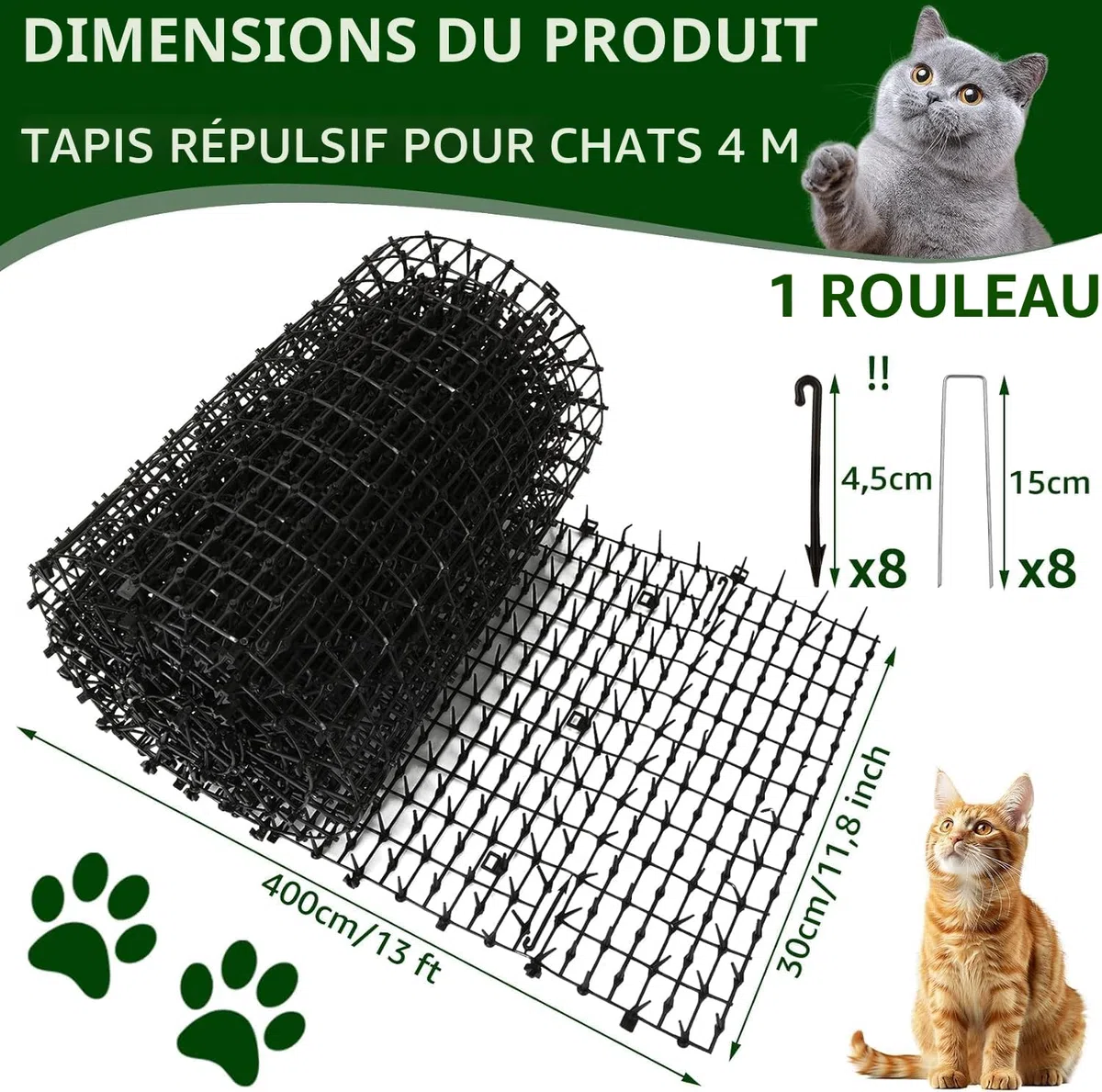 AKOLAFE Tapis Anti Chat 400 x 30 CM Tapis Anti-Chat avec 8 Pointes Tapis Anti Chien Noir Tapis Répulsif Chat Empêcher Animaux de S'approcher Tapis Picot Anti Chat pour Jardins Intérieurs et Extérieurs