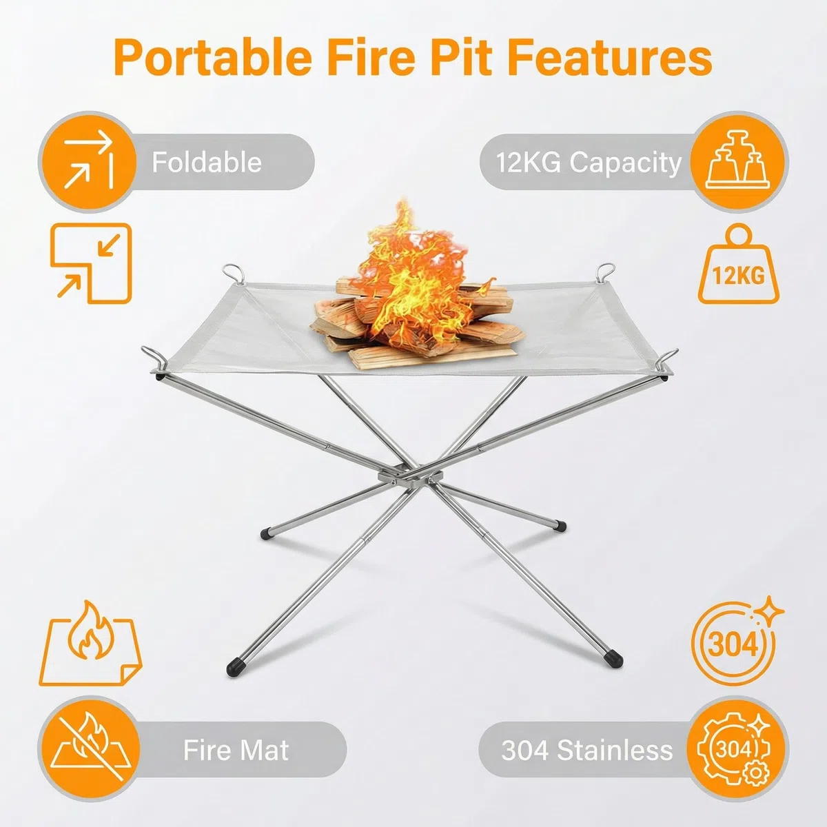 Foyer portable pour l'extérieur, 56 cm, en acier inoxydable, avec tapis de feu et sac de transport, foyer d'extérieur en acier inoxydable pour extérieur, jardin, camping, patio, barbecue