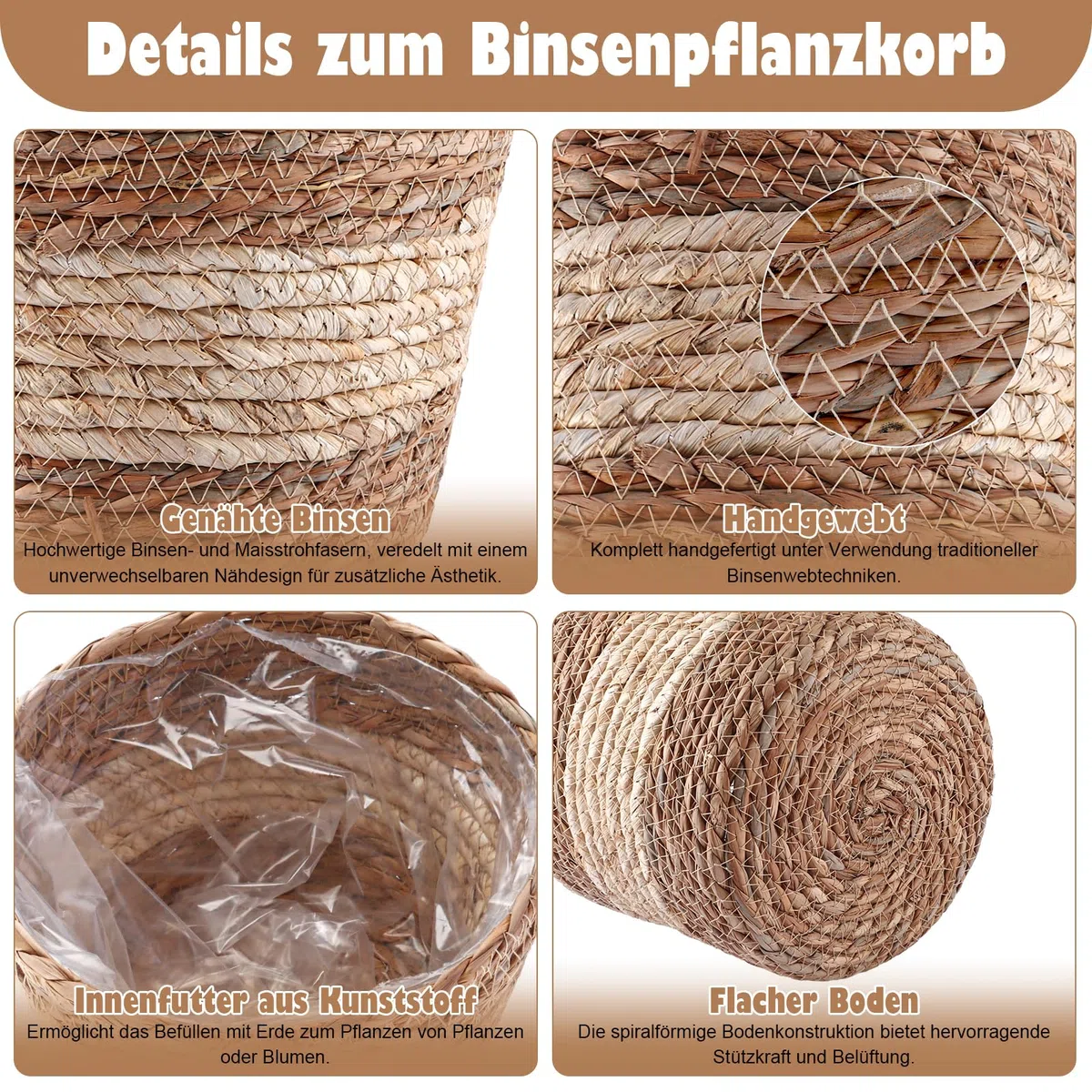 3 Pièces Panier Tressé Plante, Cache Pot Osier avec Doublure PE, Paniers Ronds 19/23/25 Cm Style Naturel pour Fleurs, Salon, Balcon Et Terrasse