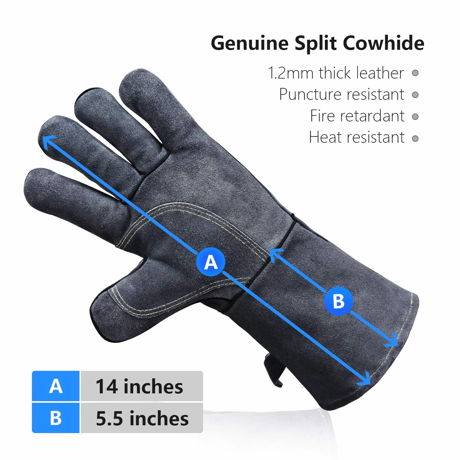 OZERO Gants Cheminée et Barbecue Anti Chaleur | Cuir de Vachette, Manchette Longue pour Poêle à Bois, Four, Soudure et Insert, Gris