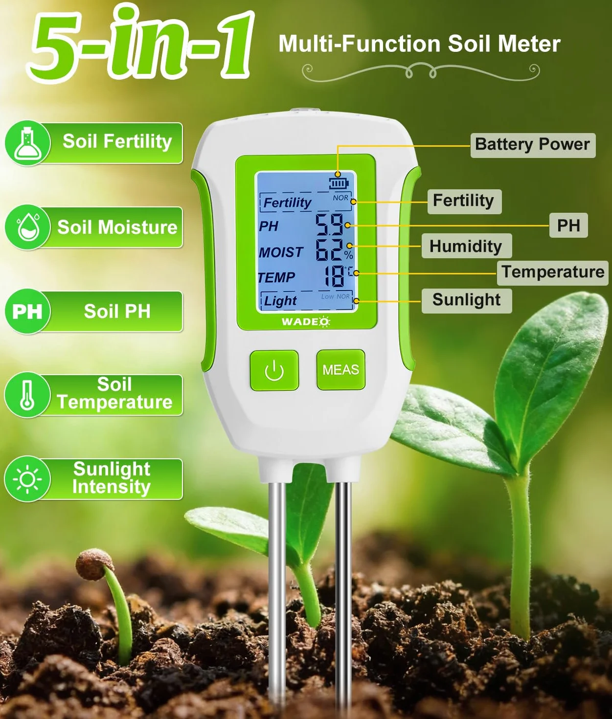 WADEO Testeur de Sol Numérique 5-en-1 avec Écran LCD Rétroéclairé, Mesure Précise du pH, Fertilité, Humidité, Temp. et Lumière, pour Jardinage, Agriculture, Plantes d'Intérieur et d'Extérieur