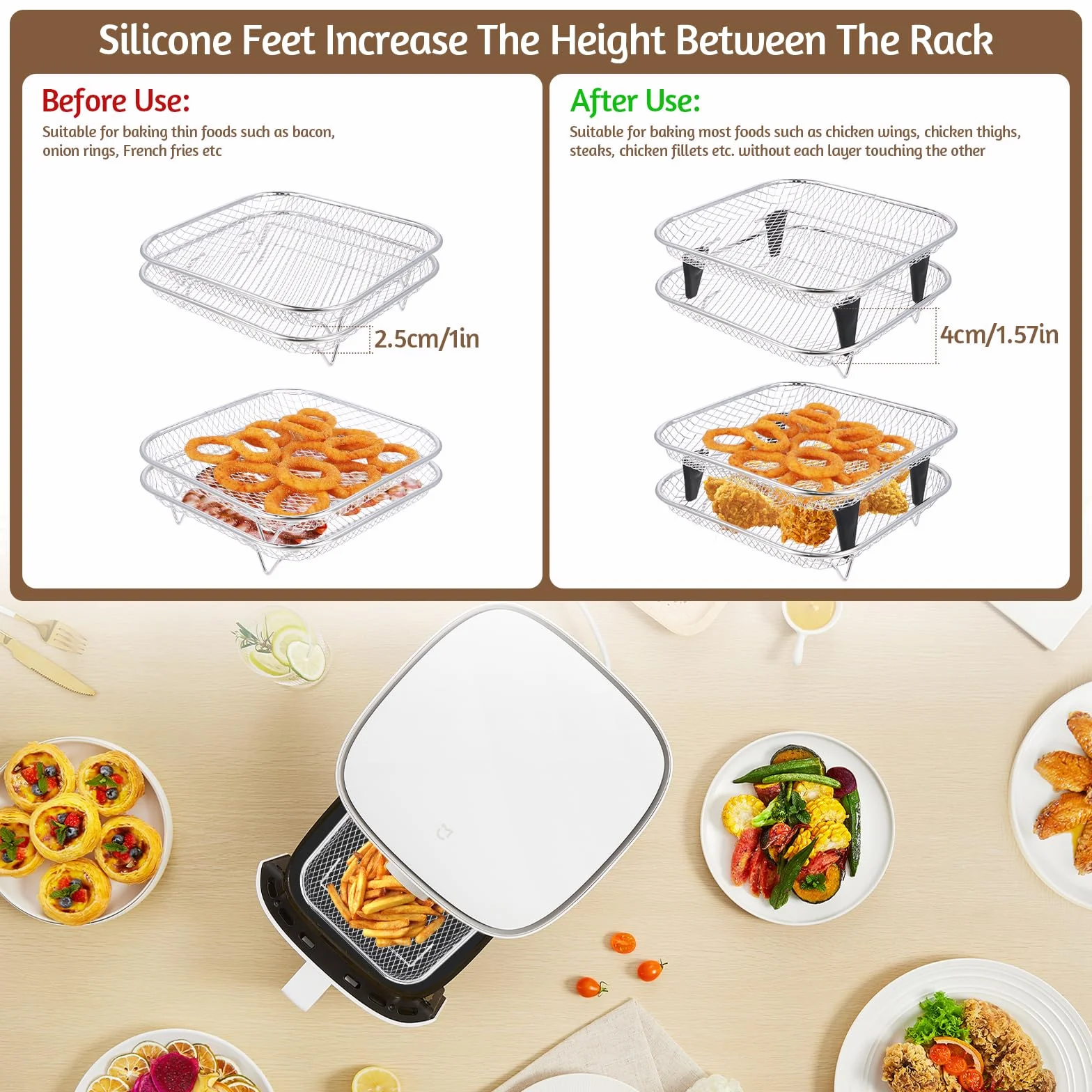 Carrée Air Fryer Rack Empilable en Acier Inoxydable, 20cm Grilles pour Friteuse, Griller Rack Air Fryer Accessoires pour Barbecue, Four, Air Fryer Déshydrateur Rack Grill Rack Air