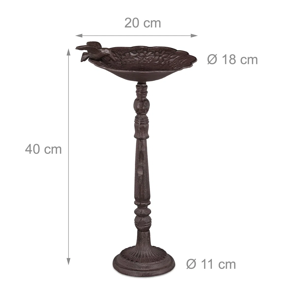 Relaxdays Abreuvoir en Fonte sur Colonne, Décoration pour Jardin,mangeoire avec Soucoupe pour Oiseaux Sauvages 40 cm, Haut Brun, Marron