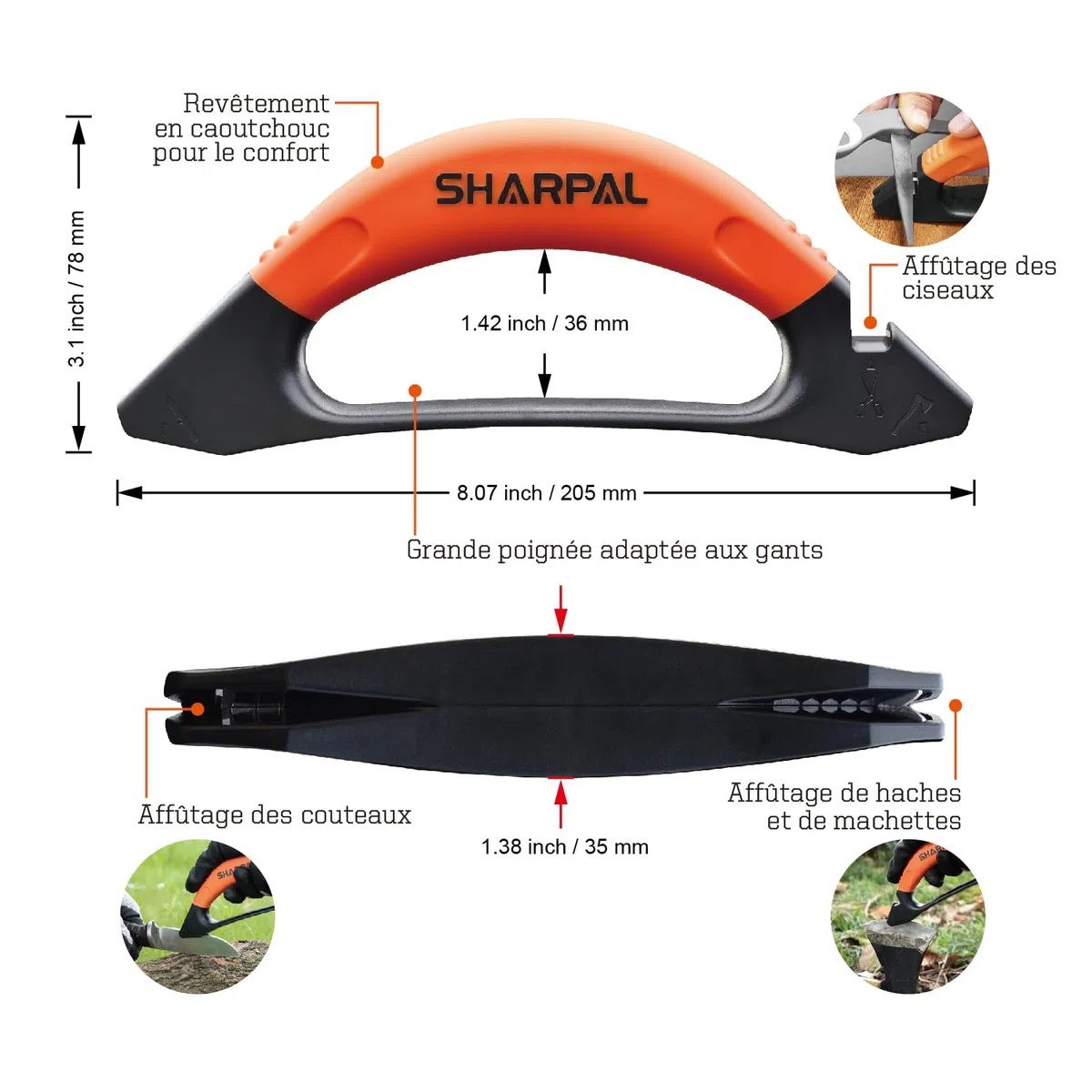 Sharpal 112N Aiguiseur de haches et de couteaux 3 en 1 pour outils de jardin, couteaux, hache, machette, tondeuse à gazon, ciseaux, acier au tungstène pour meulage grossier, céramique pour la finition