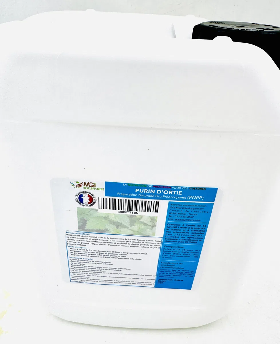 Purin d'Ortie Naturel - Biostimulant Végétal 100% Naturel - Préparation Naturelle Peu Préoccupante (PNPP) - Potager, Verger, Plantes d'Ornement, Rosiers - France - 5L pour 100L prêt à l'emploi