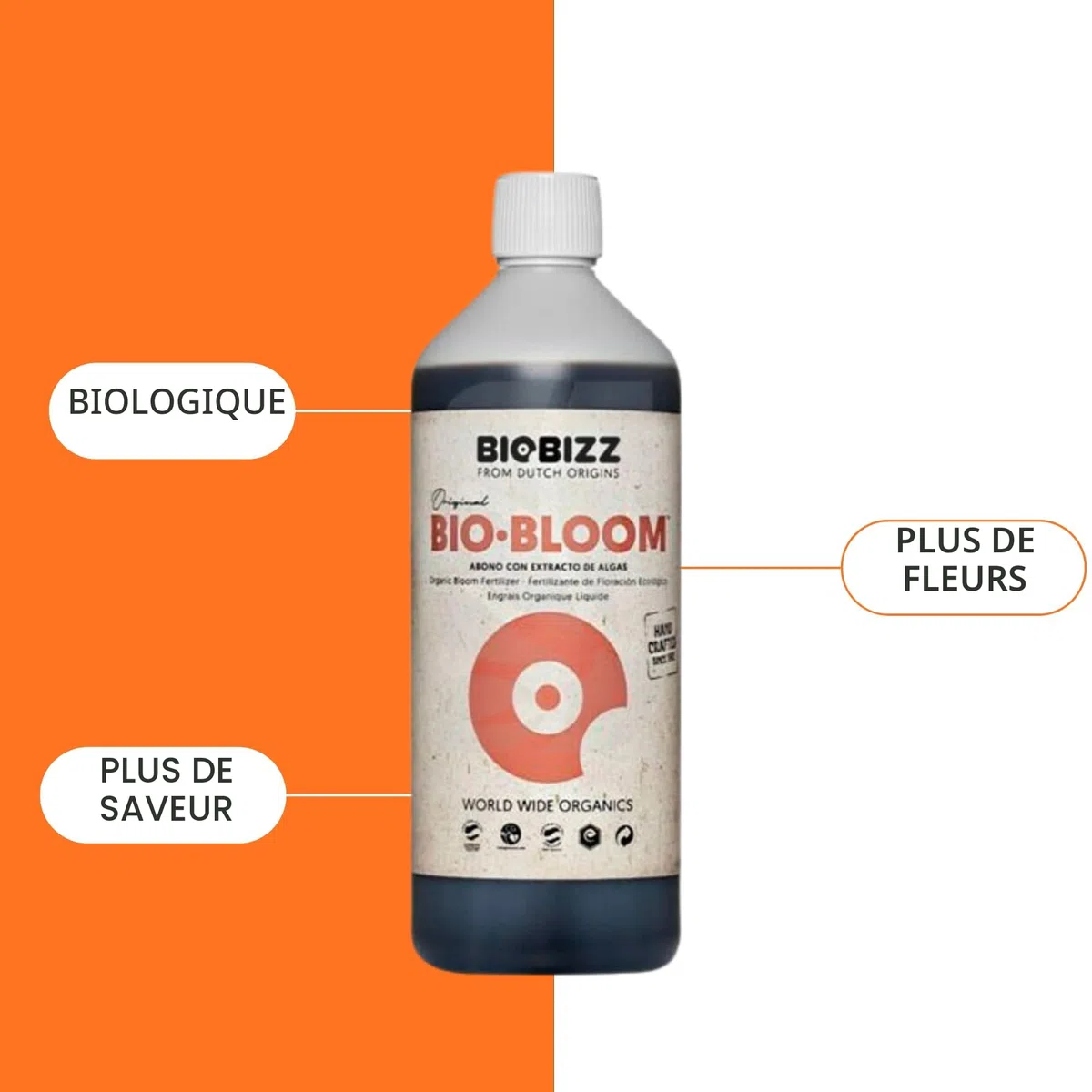 GROWMANIA Bio Bloom de BioBizz 1L + Échantillon Boost Up de Up Nutrients + Verre Doseur | Biobloom Engrais Organique pour une Floraison Complète | Convient à Tous Types de Plantes