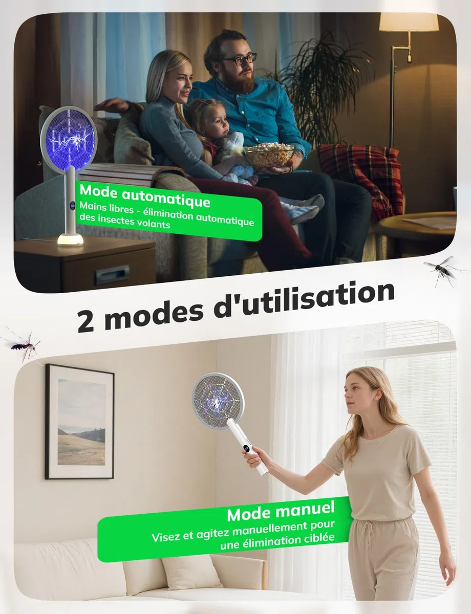 YISSVIC Raquette Electrique Insectes 1800mAh Raquette Anti Moustique 4000V Tapette à Mouche Puissante ave Base Lumineuse Rechargeable USB-C Élimine Moustiques Mites Fourmis Volantes (Blanc)