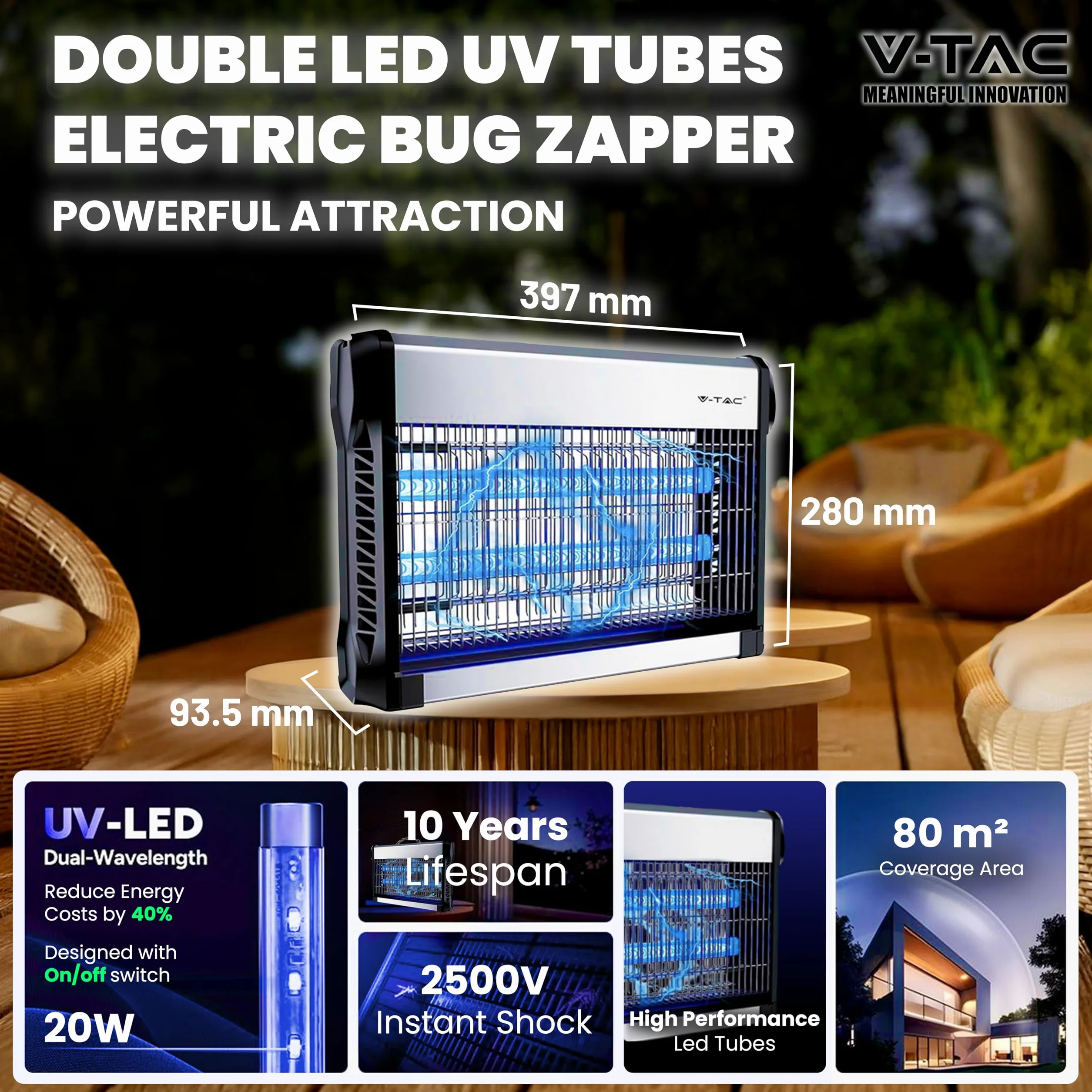 V-TAC Lampe Anti Moustique Électrique 20W avec 80m² de Surface Efficace - Design Slim - Moustiquaire avec Lumière Bleue UV pour Intérieur et Extérieur - Piège Contre Moustiques et Insectes