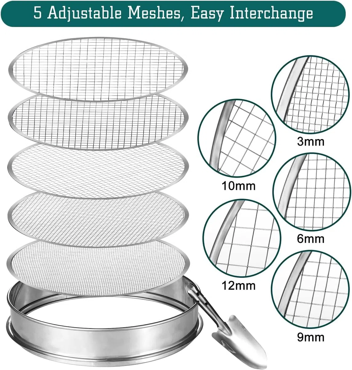 Tamis de Jardin Rond 30cm en Acier Inoxydable avec 5 Mailles Interchangeables Tailles de 3/6/9/10/12mm Outil Jardinage pour Tamiser Le Sol, Les Semences, Les Pierres et Le Compost, Pelle Inclus