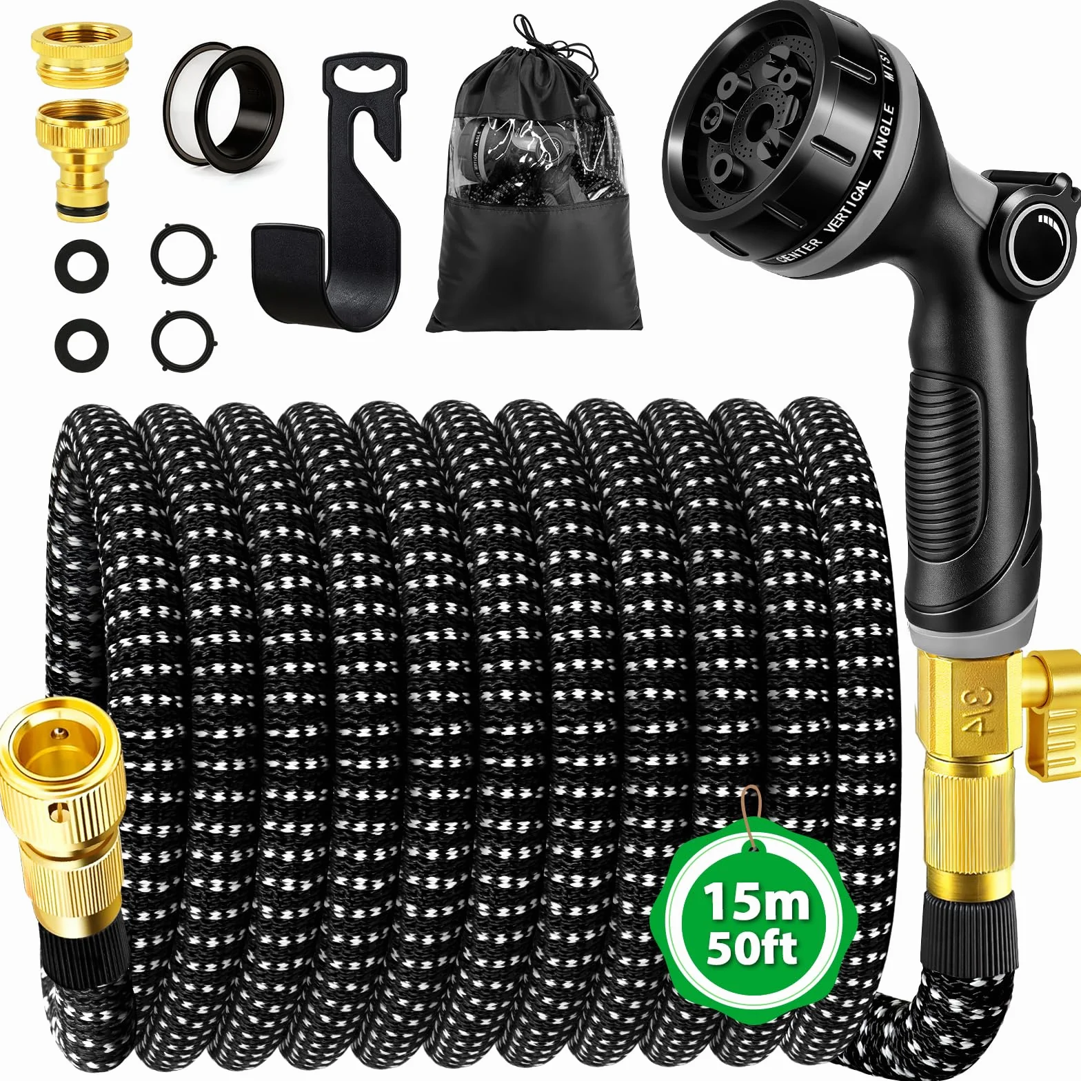 Tuyau Arrosage Extensible 15m, Tuyau d'arrosage Retractable avec 1/2" et 3/4" Adaptateur, Tuyaux d'arrosage avec 10 Modèles de Pulvérisation pour Jardin Irrigation Nettoyage Laver la Voiture