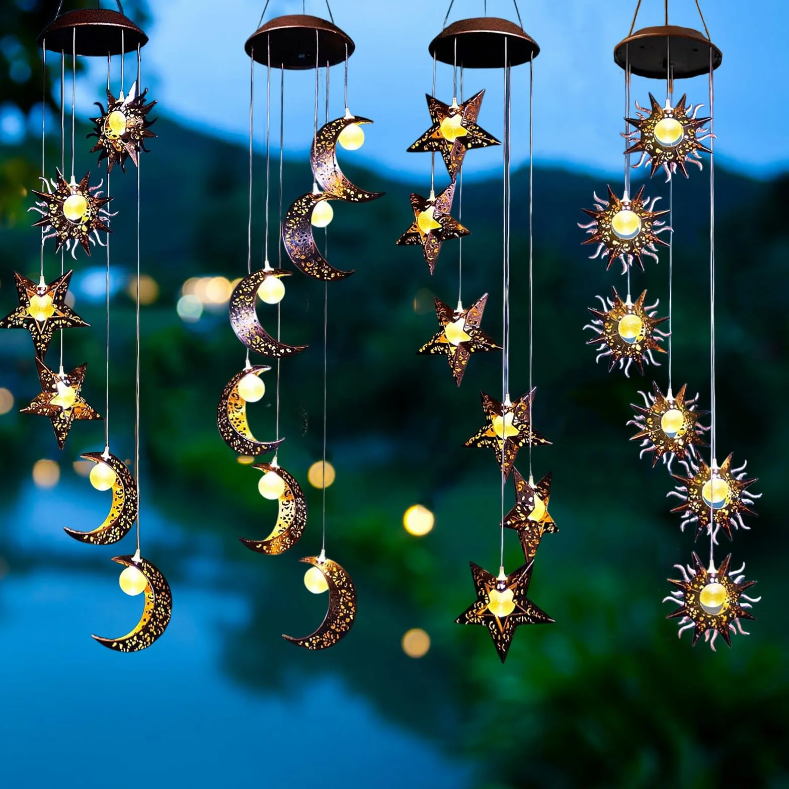 ZVO Carillon Extérieur à Vent Solaire - Lampe de Jardin avec Lune, Décoration Lumineuse Solaire Suspendue pour Balcon Terrasse