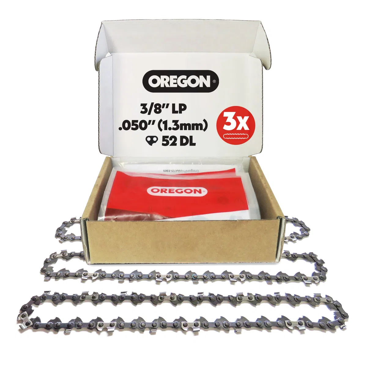 Oregon Lot de 3 Chaîne de Tronçonneuse 3/8" LP pour Guide de 35cm (14"), Jauge .050" (1,3mm), 52 Maillons - Chaîne de Rechange à Faible Rebond, Compatible Husqvarna, Ryobi, Bosch, Einhell et Plus