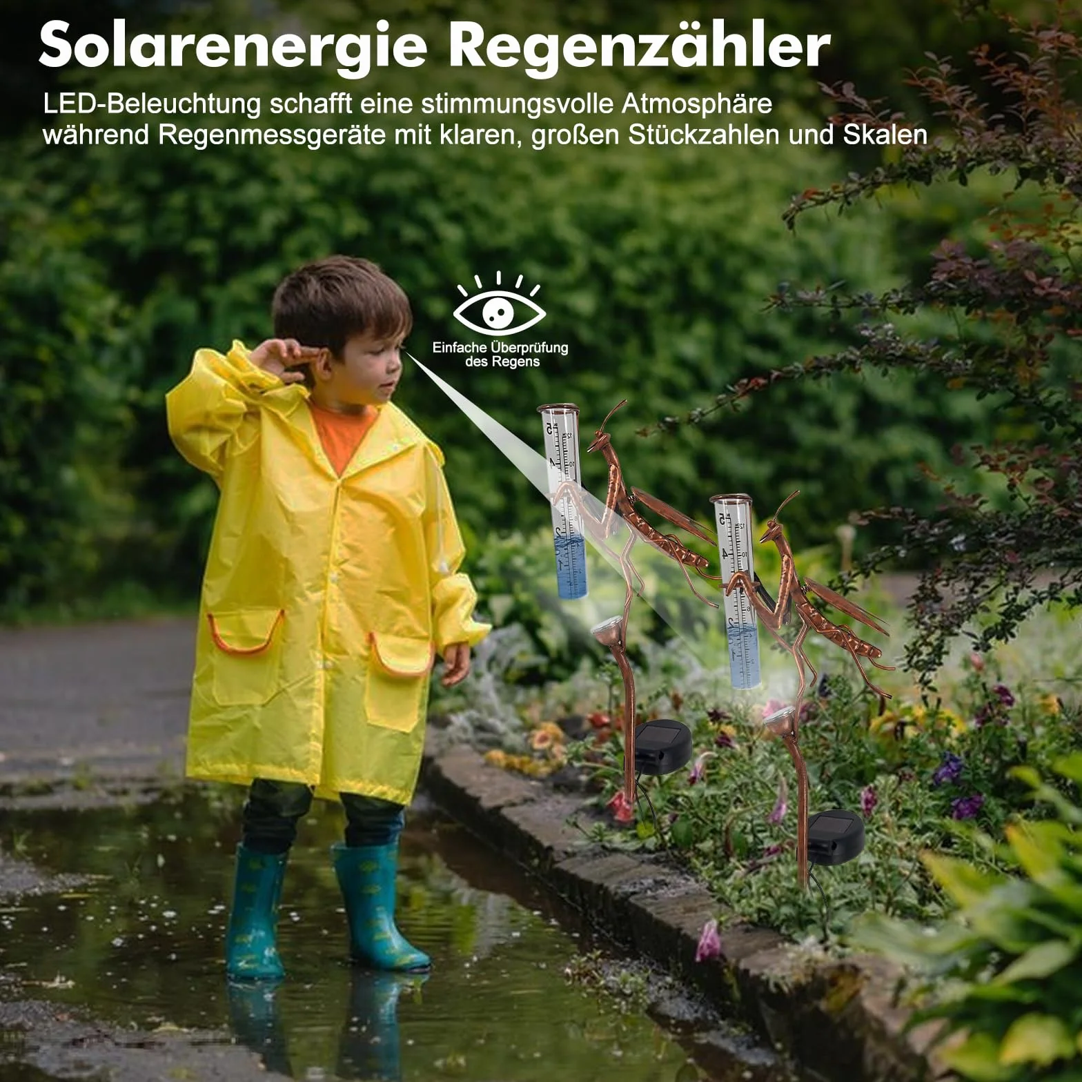 HOSPAOP Pluviomètre Solaire de Jardin avec LED et Piquet – Verre Résistant au Gel, Mesure Précise des Précipitations pour Pelouse, Terrasse, Champs, Patio, Déco Extérieure