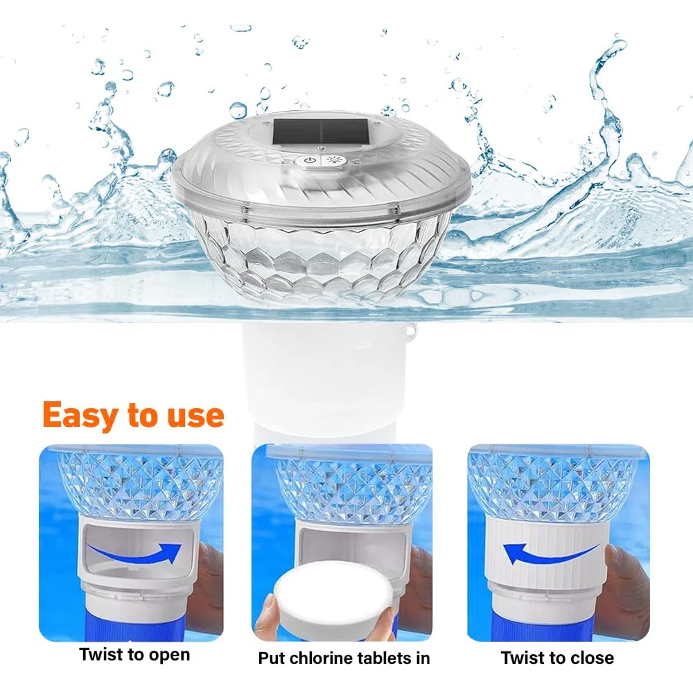 Distributeur de Chlore Flottant, Diffuseur Chlore Piscine avec Lumière Solaire LED, Contrôle par Bouton Flotteur Chlore Piscine pour Piscine Diffuseur Spa