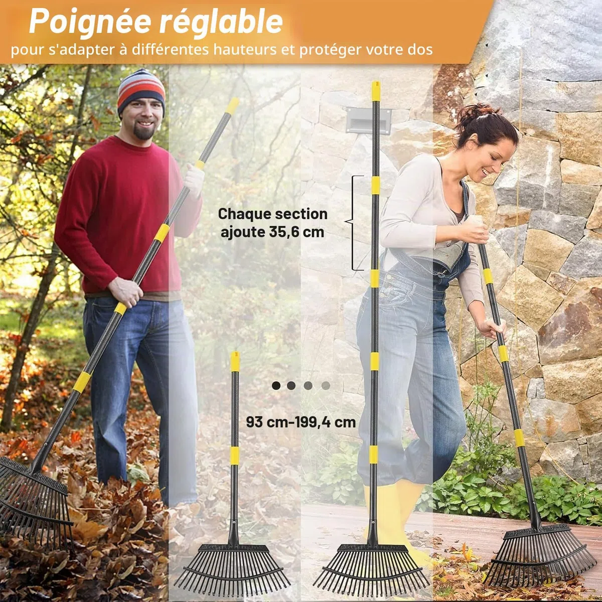 FLY HAWK Râteau à Feuilles, 165cm Râteau de Jardin avec Manche Réglable et 25 Dents Renforcées, 45cm Grande Surface Râteau de Jardin pour Nettoyer Plantes, Pelouse et Cour