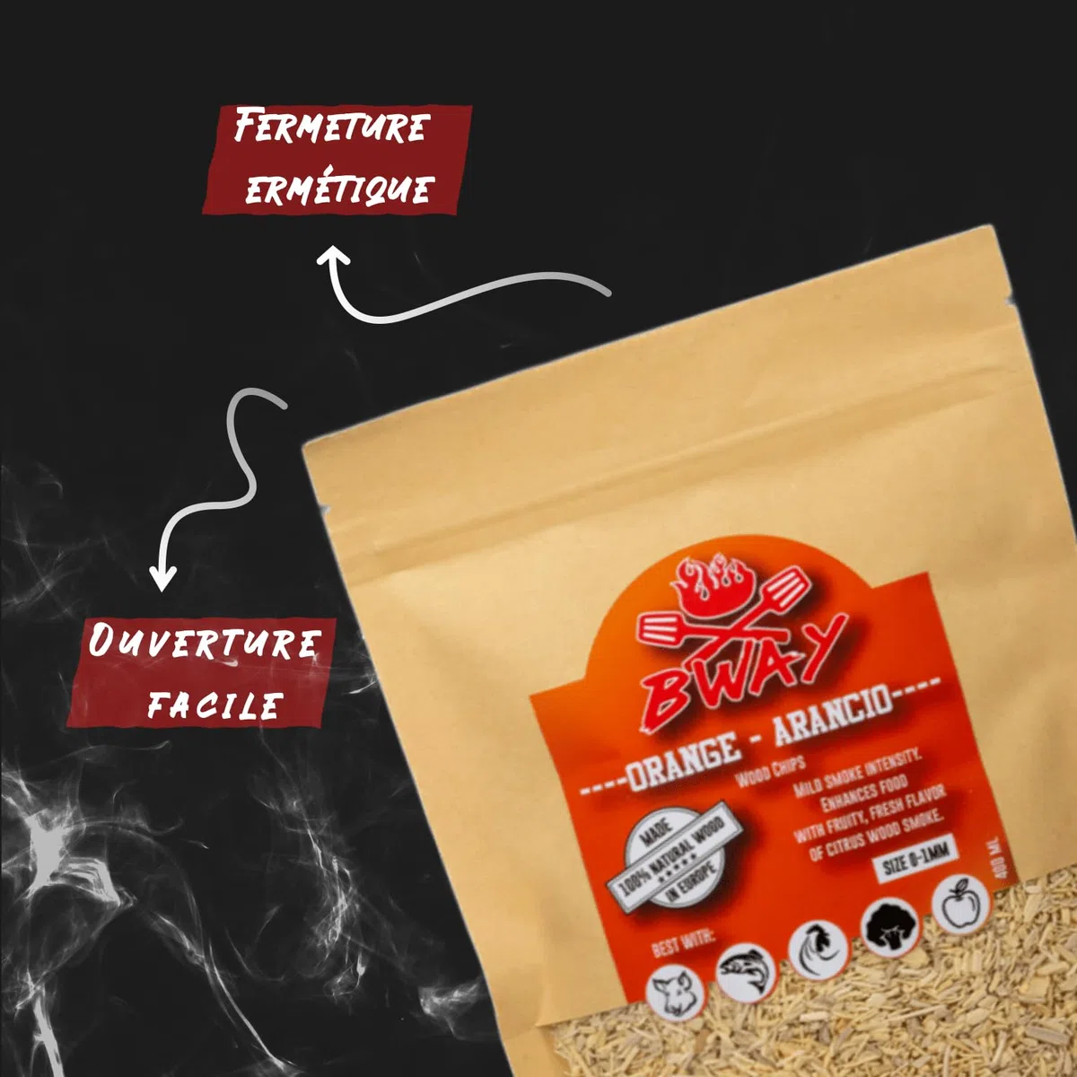 BWAY Sciure de Bois pour Fumage a Froid Saveur Olivier, Oranger, Amandier, Citronnier, Noyer et Chêne compatible avec un Fumoir à Froid | Bois de Fumage avec eBook Offert avec 20 Recettes (6 x 400 ml)