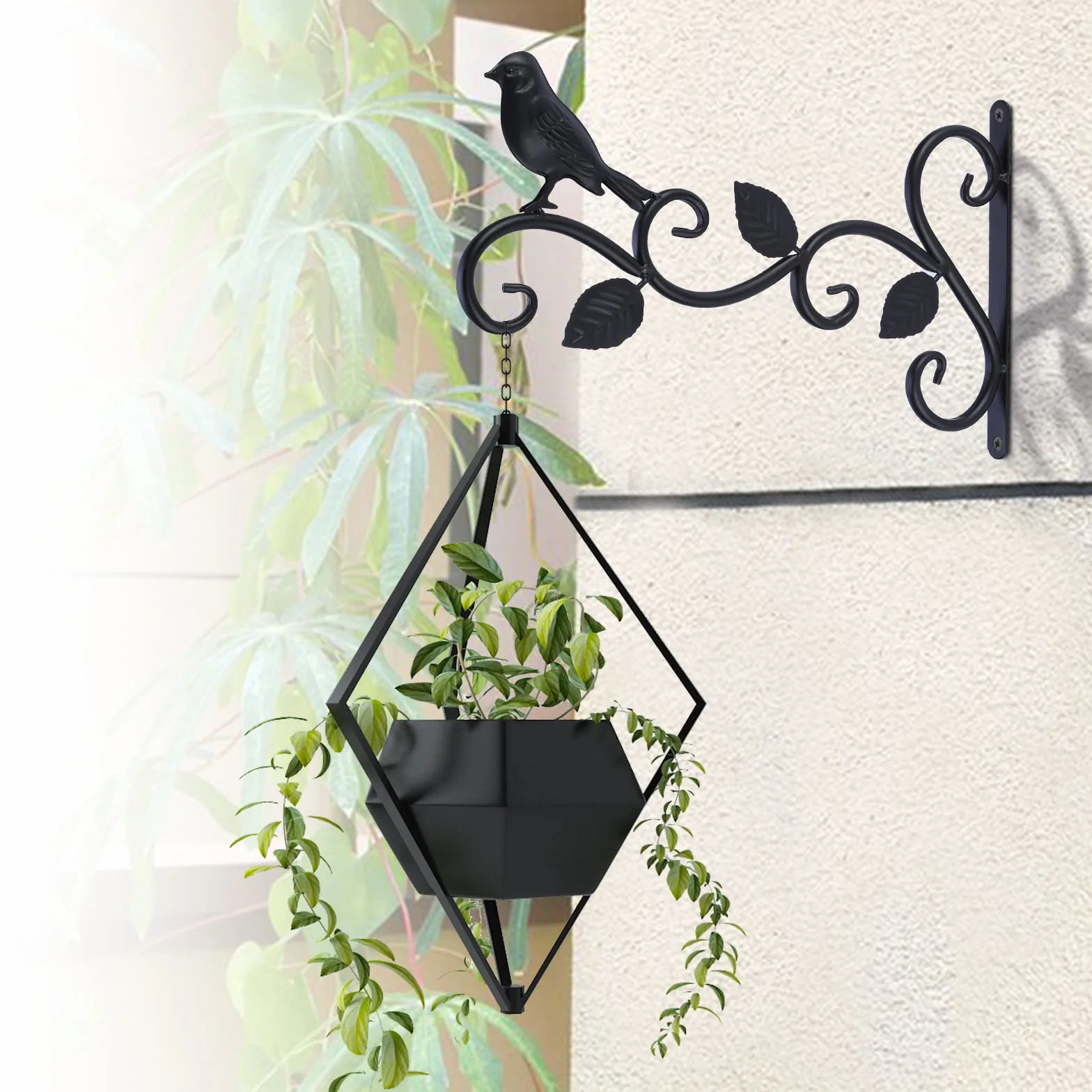 Kyrio Lot de 2 supports de panier à suspendre pour extérieur, 30,5 cm, crochets décoratifs en métal pour plantes suspendues, mangeoires à oiseaux, lanternes (3 feuilles), Noir, 30cm L x 19cm H