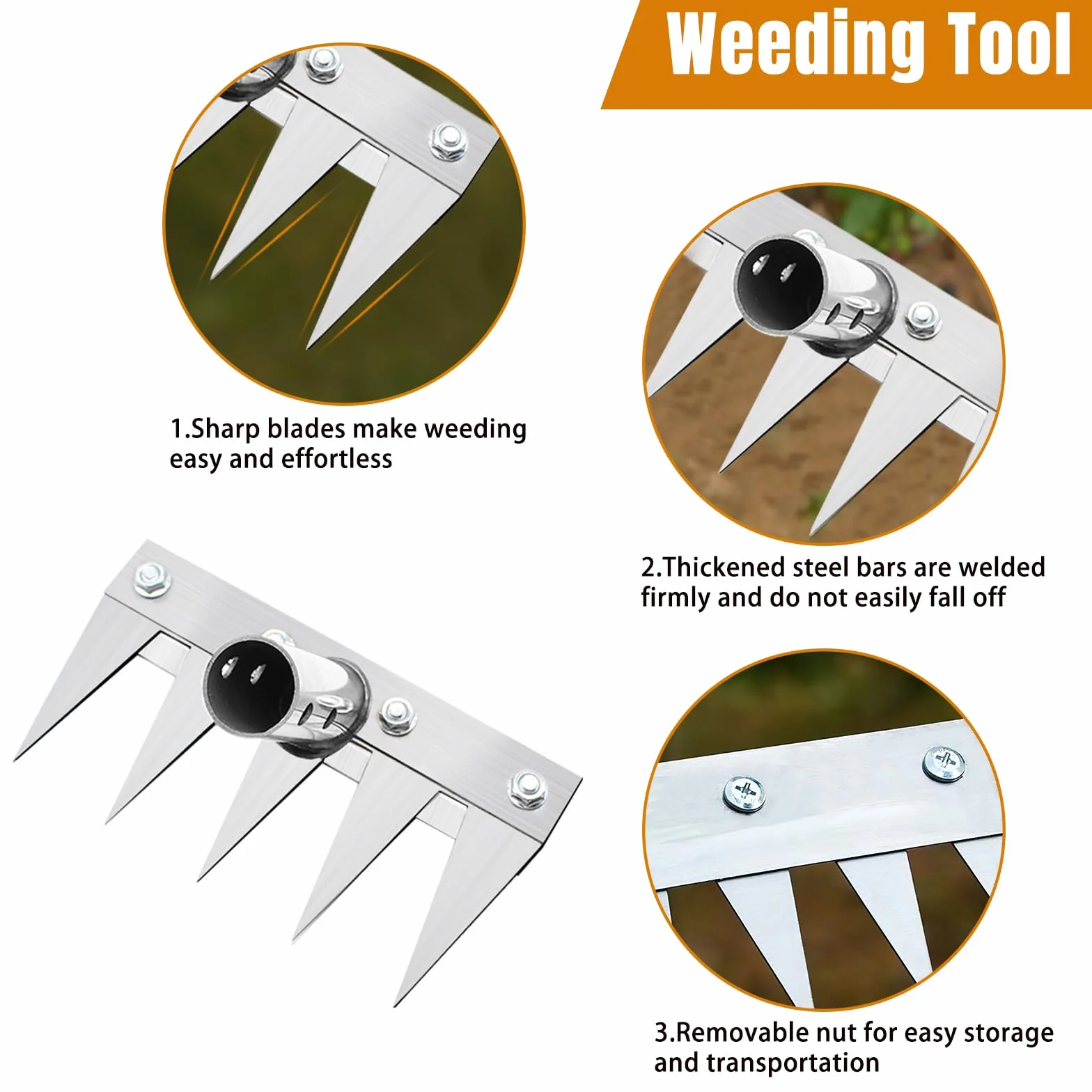Râteau de Jardin 8 Dents avec Manche Métallique 1,2 m, Outil de Désherbage Manuel, Griffe de Jardin Portable pour Ameublir Le Sol, Désherber et Semer