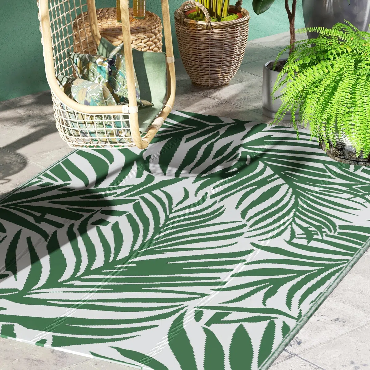Outsunny Tapis d'extérieur réversible Motif Feuilles Vertes Tropical - polypropylène Haute densité 310 g/m² - dim. 152L x 243l cm Vert