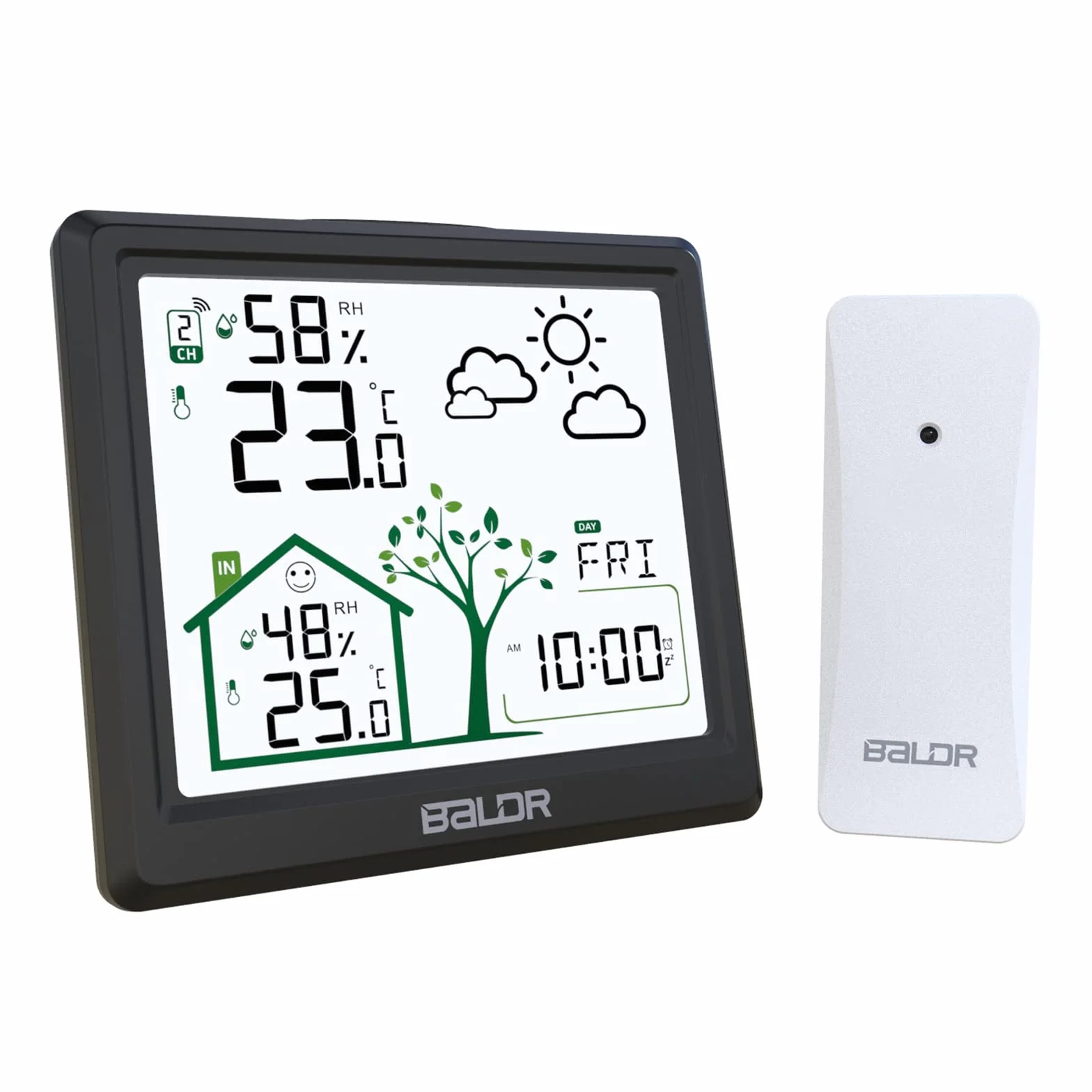 Station météo sans Fil, Thermomètre Hygromètre Baromètre Intérieure Extérieure avec Capteur LED Ecran Rétro-éclairage Horloge Numérique Alarme et Snooze Heure Date Jour (Noir)