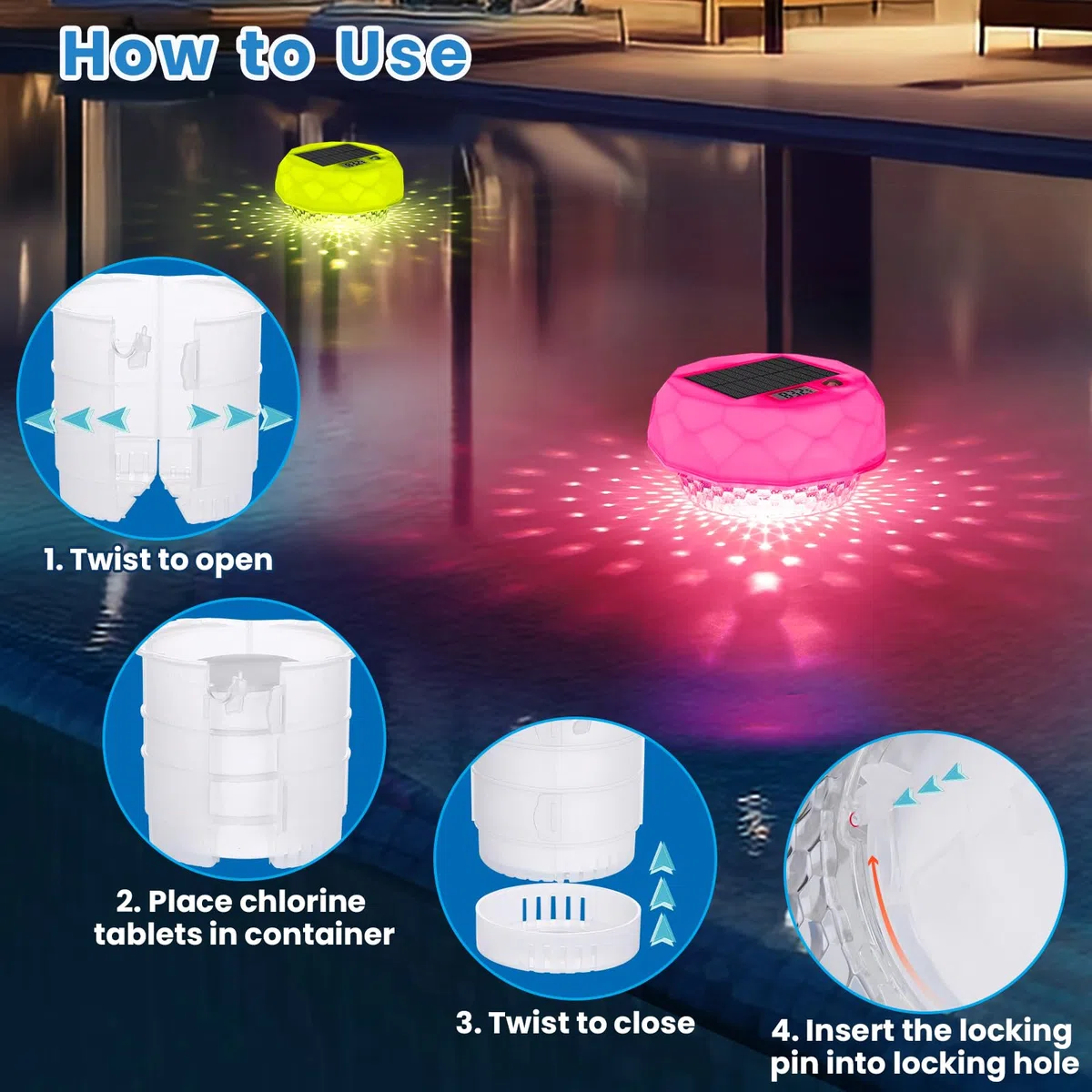 Qoolife Dosieur de Chlore Flottant avec thermomètre et lumière Solaire, pour étang, Bassin, Spa et Bain à remous, Compatible avec 1" et 3", avec télécommande et réglage