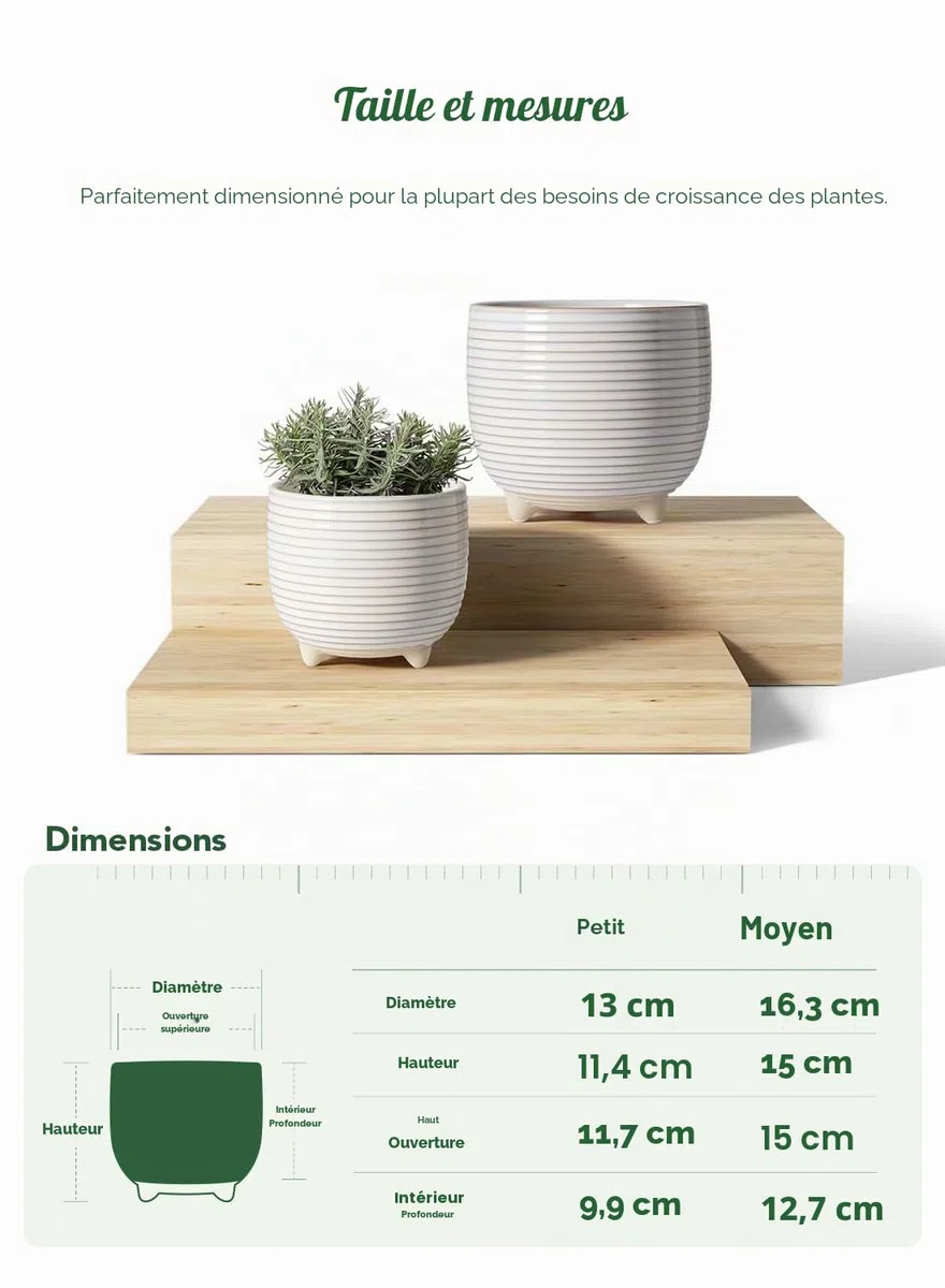 LE TAUCI Pot de Fleurs en Céramique, Pots sur Pieds 13+16 cm pour Plantes, Moderne pour la Maison et Le Bureau, Pot d’Intérieur avec Trou de Drainage, Blanc à Émail Réactif
