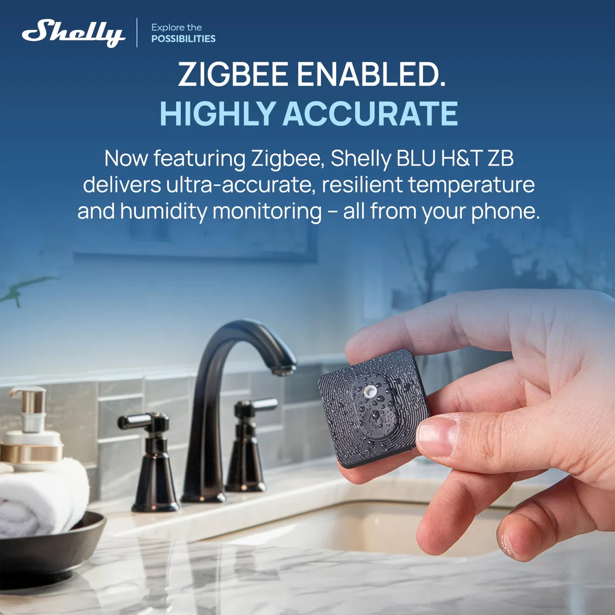 Shelly BLU H&T ZB Noir – Capteur de température et d’humidité Zigbee et Bluetooth, Thermomètre, Hygromètre connecté, Protection IP54, Pile 2 ans, Actualisation 1 min, Alertes Shelly app