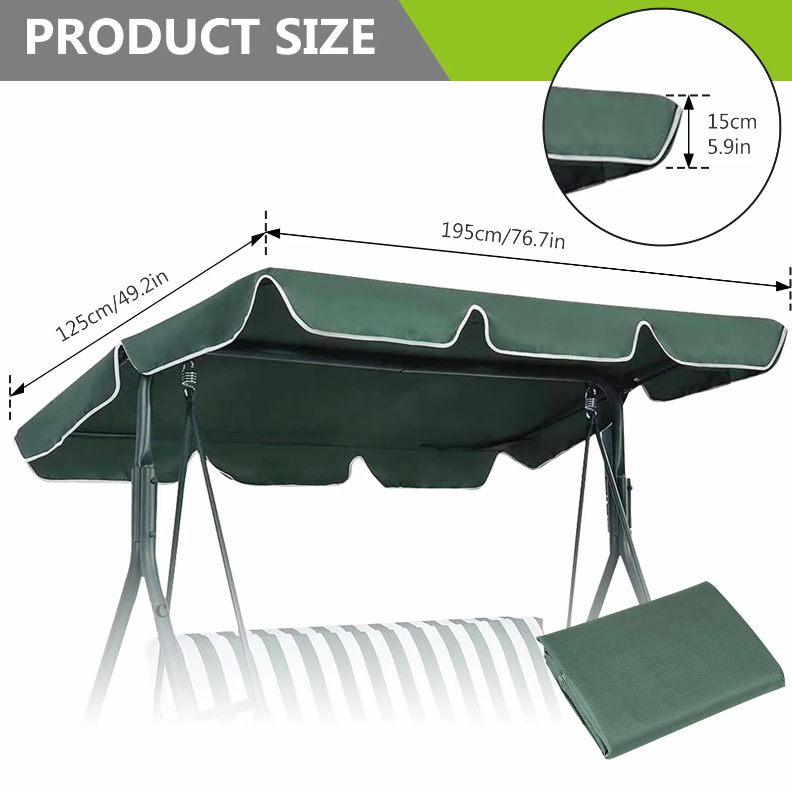 Auvent Universel pour Balancelle Hollywoodienne, Toit De Rechange Universel, Pare-Soleil Universel, Housse De Toit De Rechange Toit De Balancelle Universal 195 * 125 * 15cm(Vert)