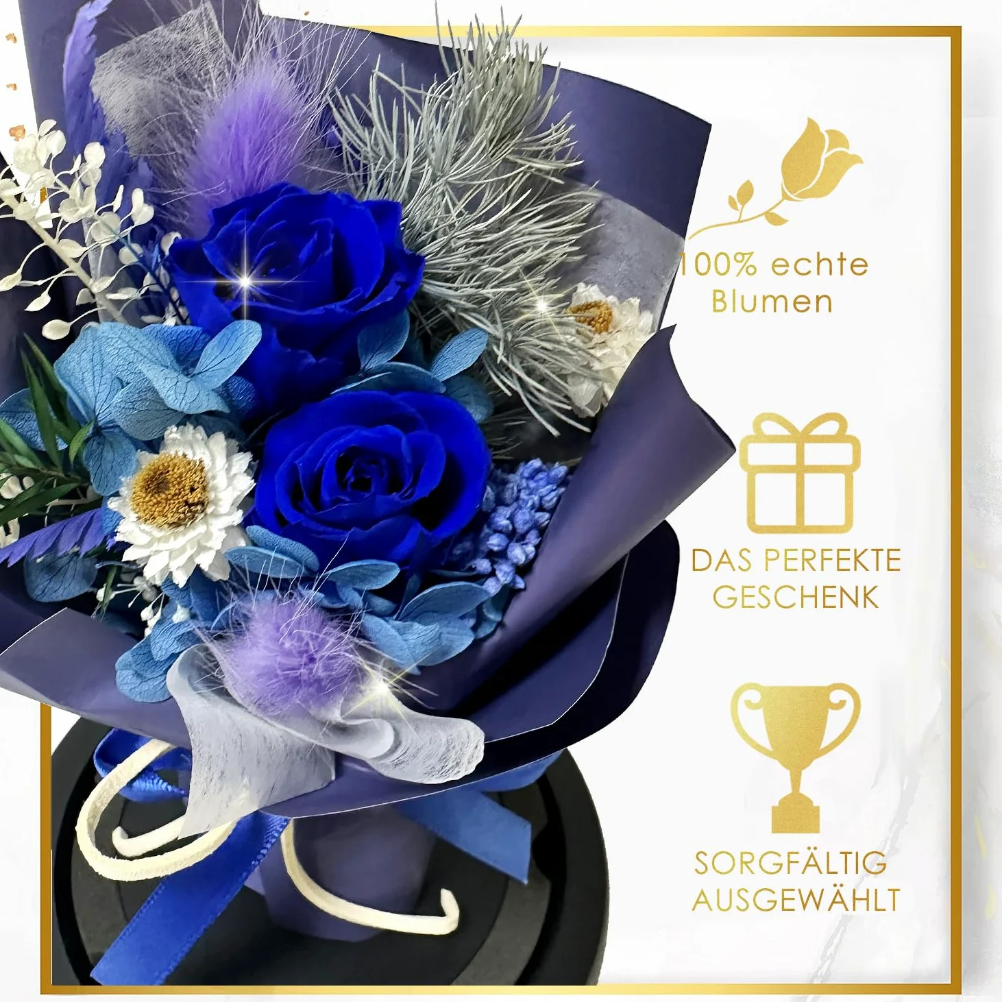 Cadeau pour femme - Rose éternelle dans un verre avec LED - Bouquet de roses bleues - Décoration de la maison - Véritables fleurs durables pour maman, petite amie, épouse, grand-mère (bleu)