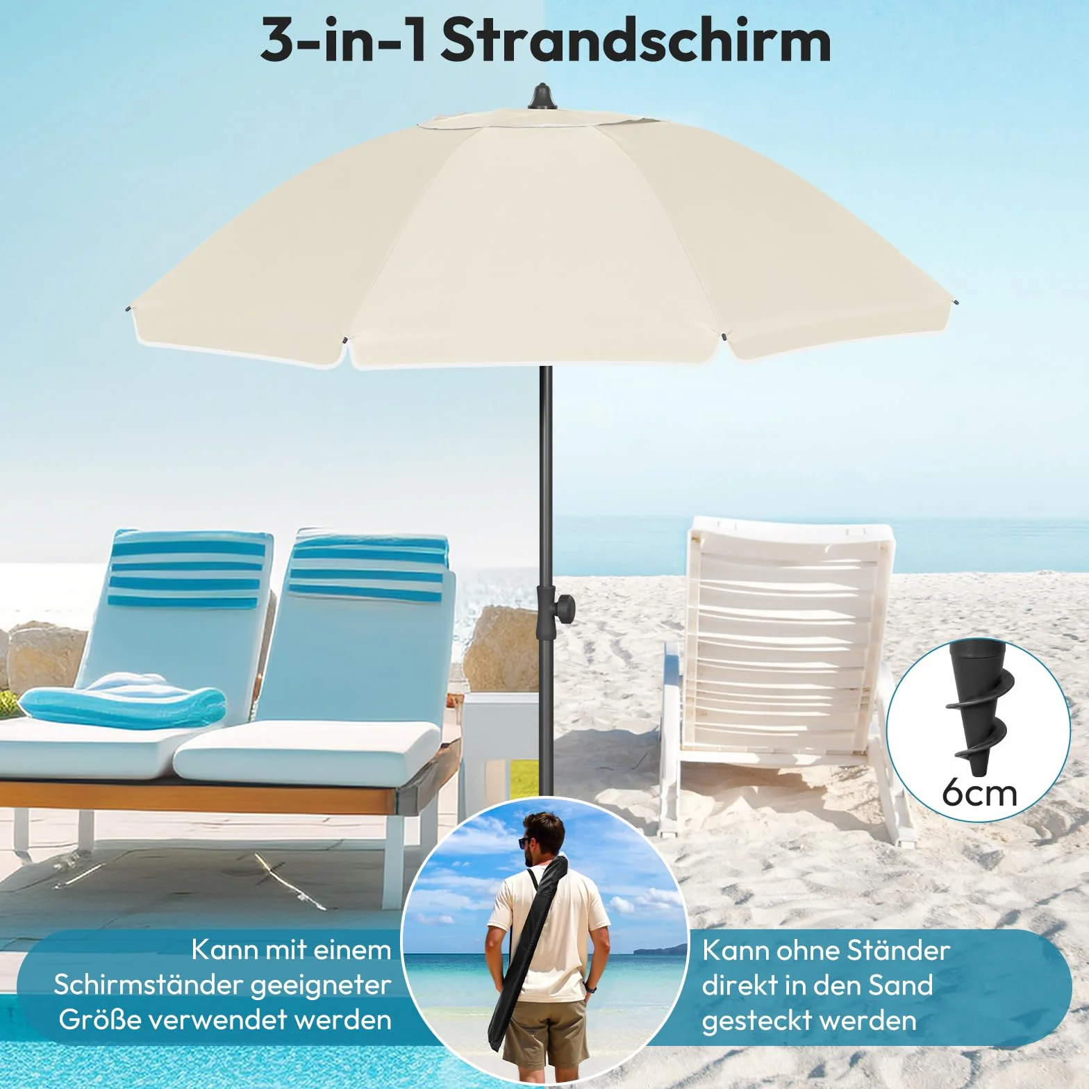 Laneetal Parasol de Plage Ø135/155/175cm, Imperméable en Tissu Anti-UV à UPF 50+, Toile Inclinable, Hauteur Réglable, Parasol Rond Anti-Vent pour Balcon/Terrasse/Patio/Piscine