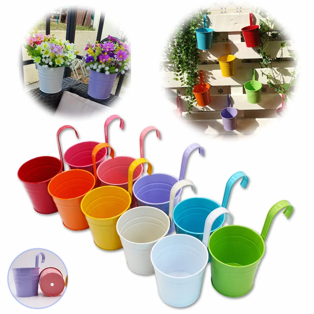 Lot de 10 Pots de Fleurs à Suspendre en Métal, Trou de Drainage | Pots de Fleurs en Métal à Suspendre avec Crochet Amovible pour Intérieur Extérieur Balcon Clôture, 10 Assortiment de Couleur