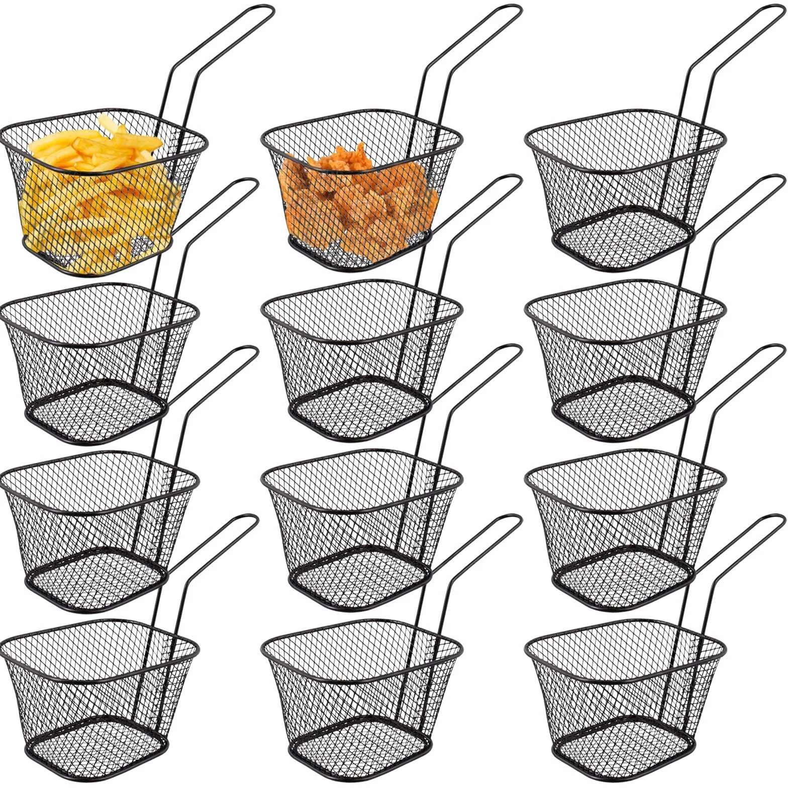 Lot de 12 petits paniers à frites en acier inoxydable avec poignée - Noir - Panier de service pour frites, crevettes, rondelles d'oignon