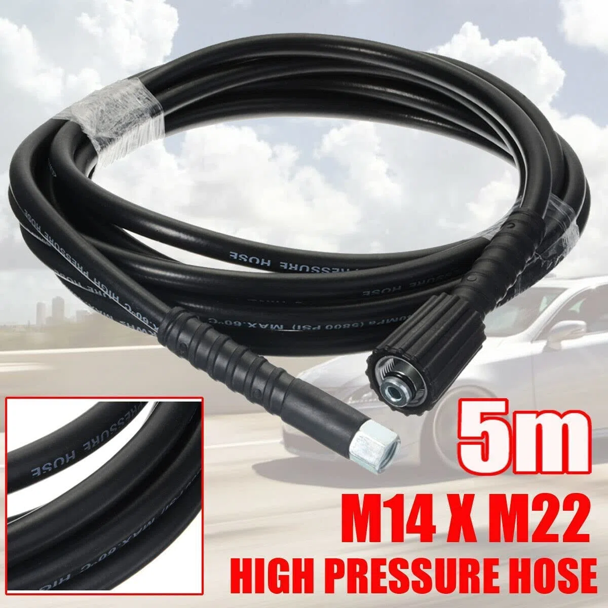 YUET Tuyau de Rechange pour Nettoyeur Haute Pression de 5 M pour Lavage de Voiture, Nettoyage de Jardin, Connecteur Fileté M14 x M22, Tuyau d'extension de Jet et Vidange 14mm,Noir