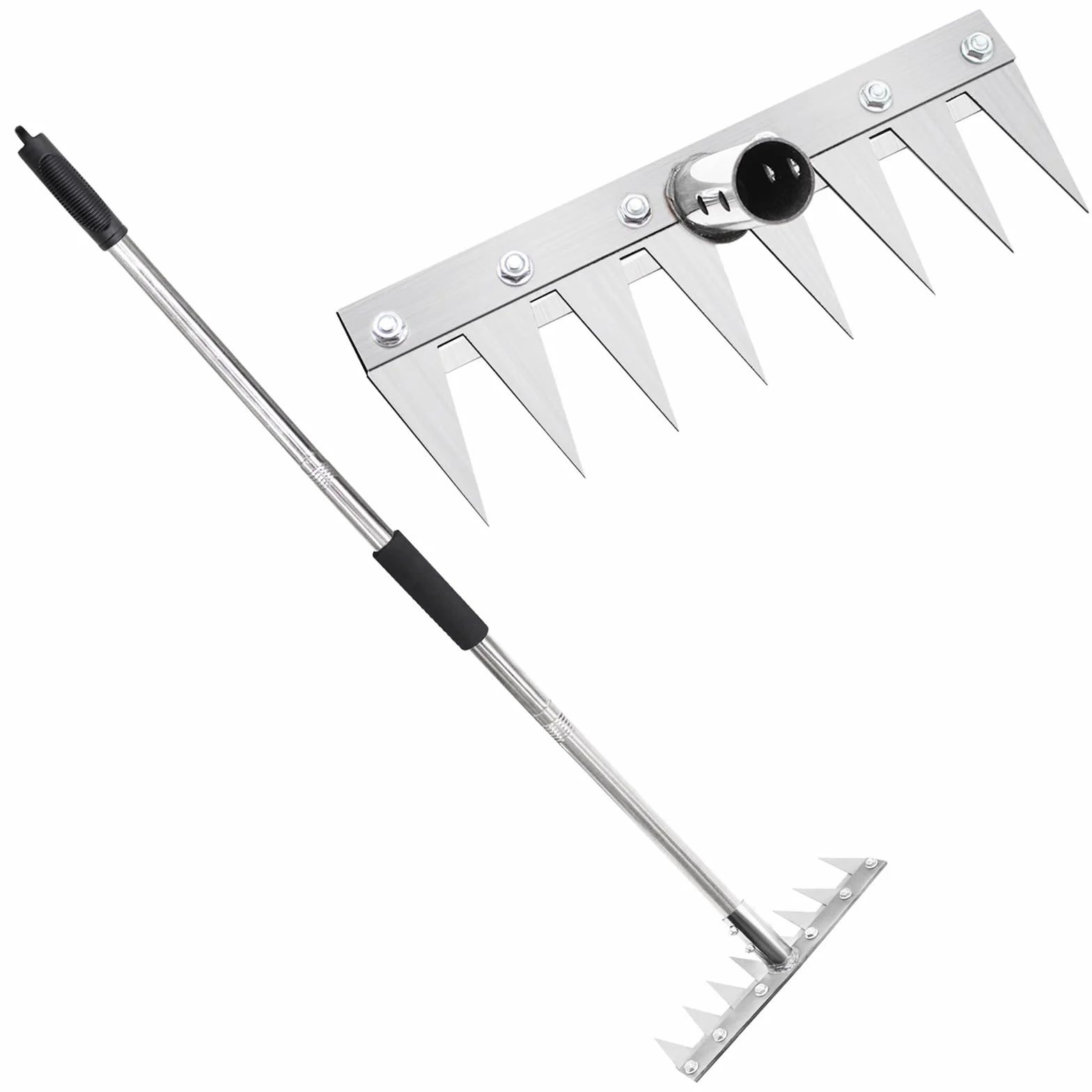 Râteau de Jardin 8 Dents avec Manche Métallique 1,2 m, Outil de Désherbage Manuel, Griffe de Jardin Portable pour Ameublir Le Sol, Désherber et Semer